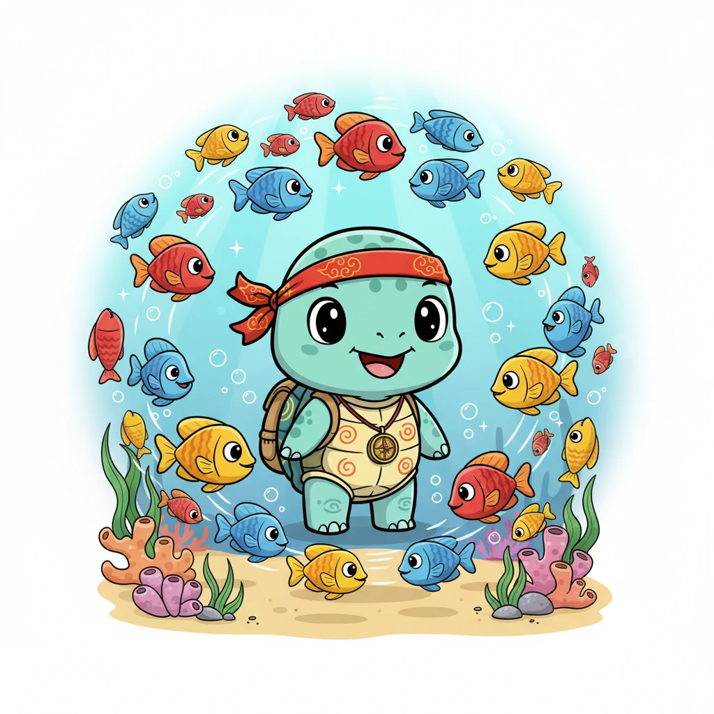 突然，一群色彩斑斓的热带鱼从贝贝身边游过，它们红的像火，黄的像金，蓝的像宝石。鱼儿们好奇地打量着这位小访客，然后围着贝贝欢快地转圈，仿佛在邀请它一起玩耍。