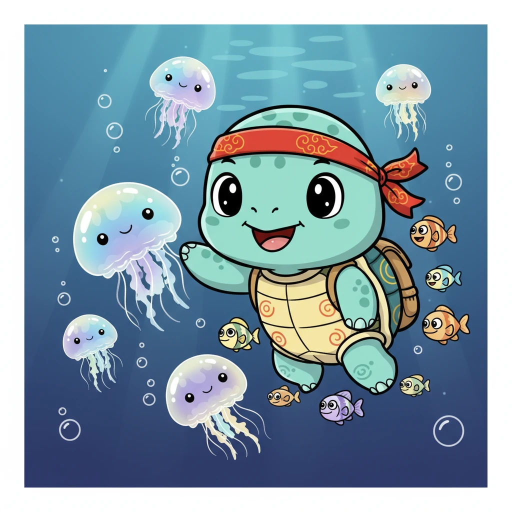 贝贝和鱼群一起向前游，前方出现了一群晶莹剔透的水母。它们在水中轻盈地漂浮，像一朵朵会发光的果冻花。贝贝忍不住伸出小短手，轻轻触碰了一下，感受着水母柔软的身体。
