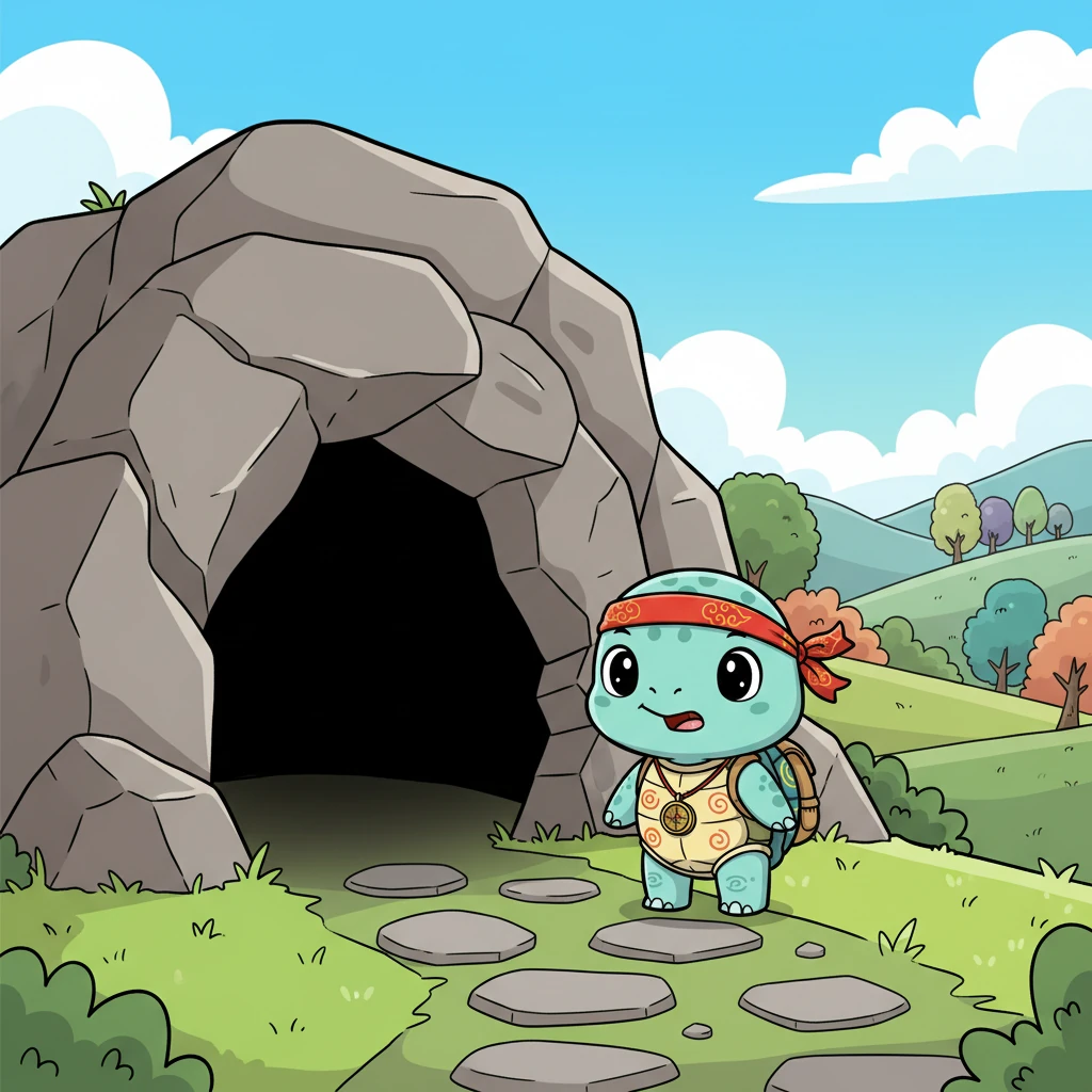 继续前行，贝贝发现了一个巨大的岩石，岩石中间有一个黑漆漆的洞穴入口。洞穴深邃而神秘，仿佛藏着什么秘密。贝贝有些犹豫，但内心深处的冒险精神驱使它想要一探究竟。