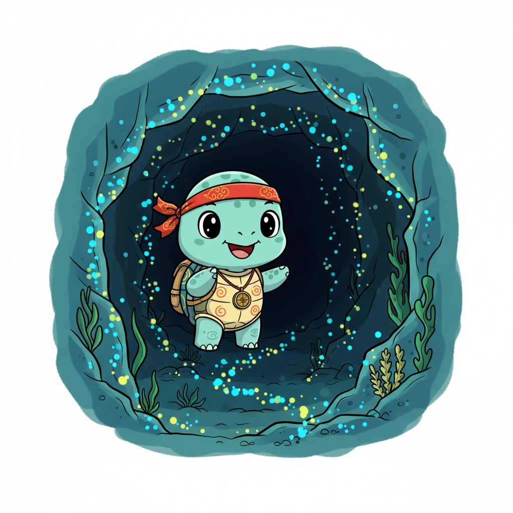 贝贝小心翼翼地游进洞穴，洞穴里比外面暗了许多，但一些发光的藻类和微生物发出微弱的光芒。这些光点在黑暗中闪烁，像星星一样指引着贝贝前进的方向，让它不再害怕。