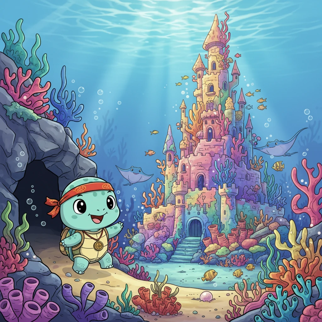 穿过幽暗的洞穴，贝贝眼前豁然开朗！一片绚丽的景象展现在它面前：一座宏伟而美丽的珊瑚城堡高高耸立。城堡由各种形状的珊瑚和海葵构成，五彩斑斓，如同童话世界一般。