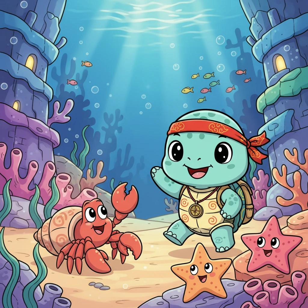 在珊瑚城堡里，贝贝遇到了友善的居民。一只挥舞着钳子的寄居蟹向它招手，几只胖乎乎的海星趴在珊瑚上，好奇地眨着眼睛。城堡里充满了欢快的气氛，让贝贝感到非常受欢迎。