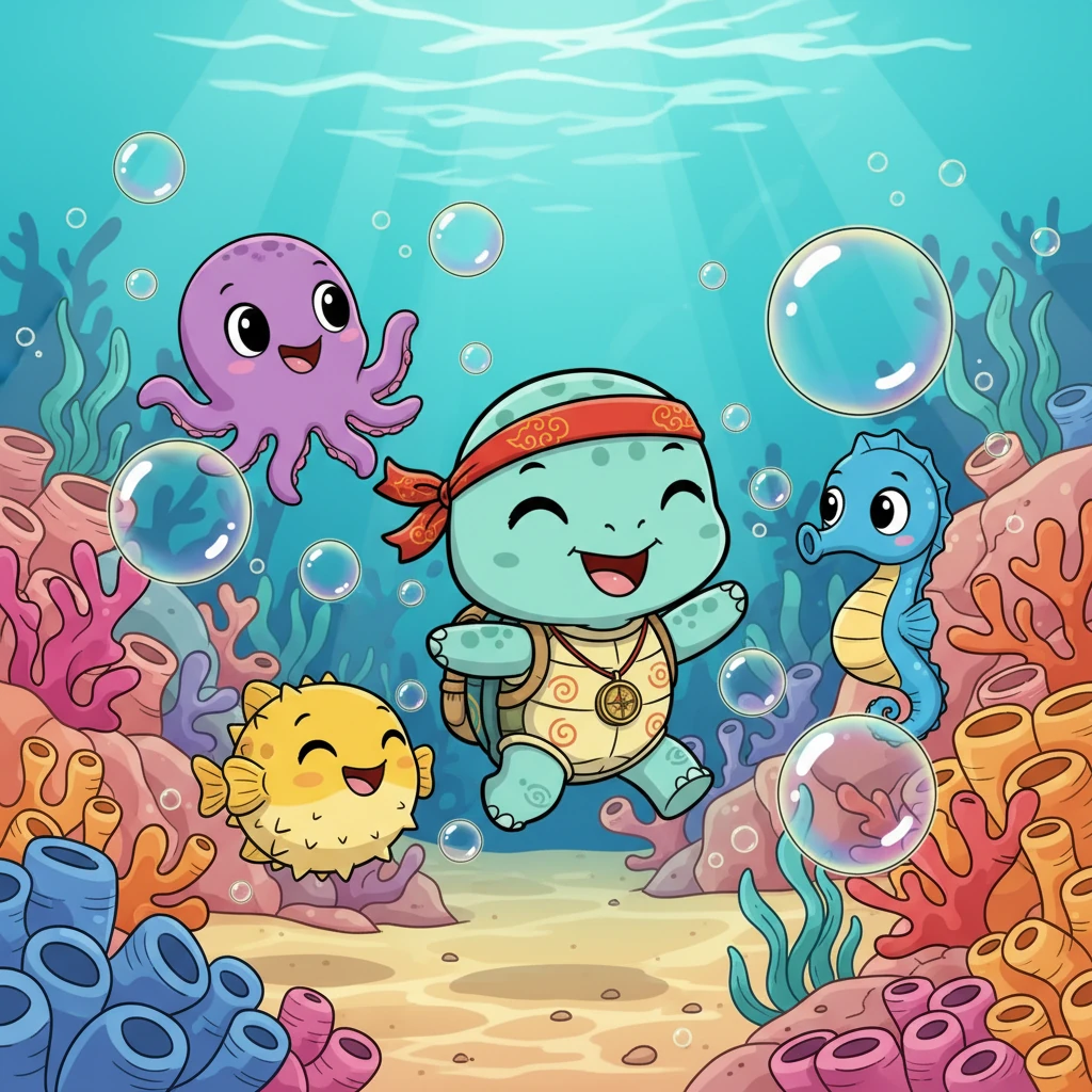 贝贝很快就和城堡里的新朋友们玩成了一片。它们一起在珊瑚迷宫里捉迷藏，追逐着泡泡，发出阵阵银铃般的笑声。贝贝感受到了前所未有的快乐和温暖，这是它第一次拥有这么多海底朋友。