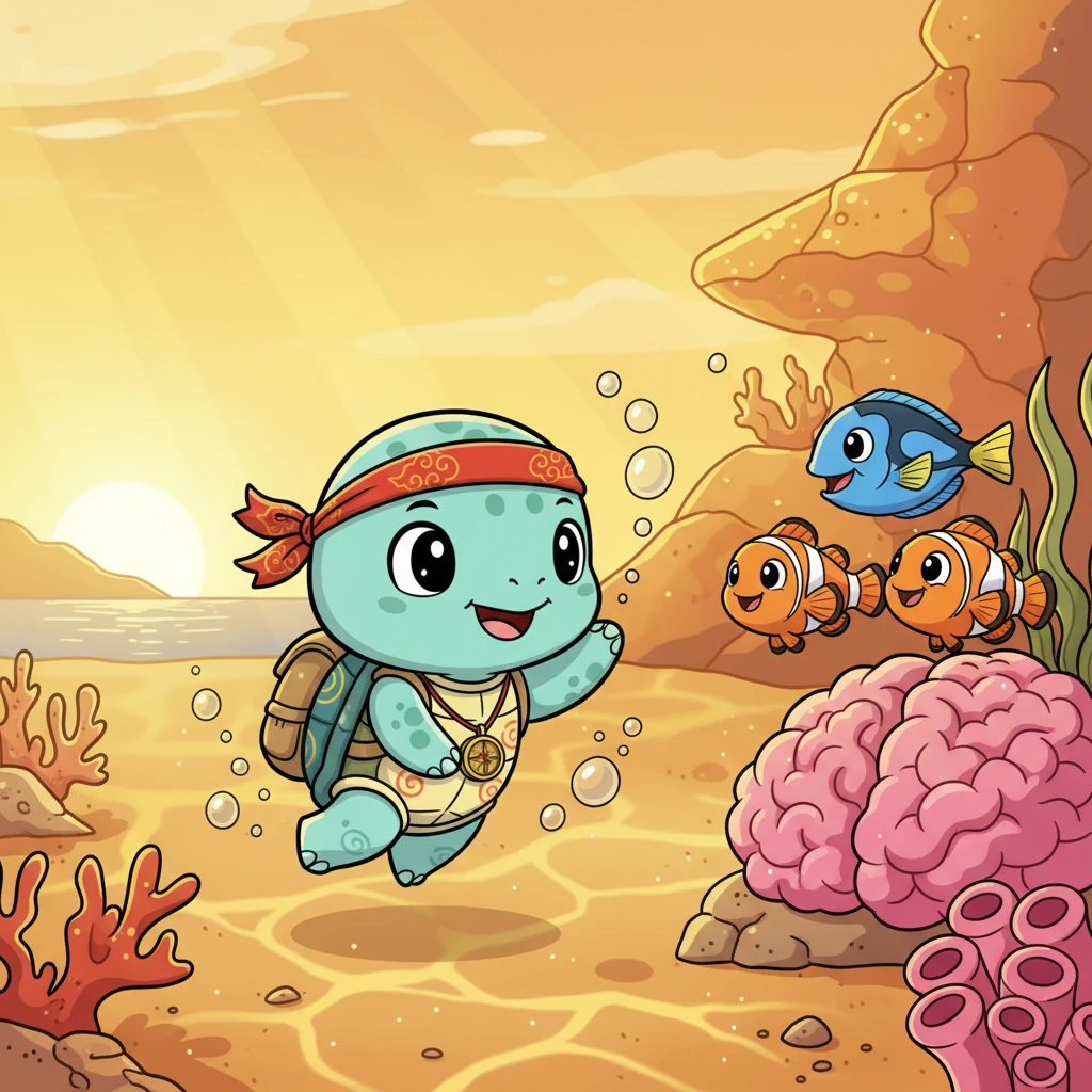 夕阳的余晖透过水面，将海底染成一片金黄。贝贝依依不舍地告别了新朋友，带着满满的快乐和美好的回忆，游向远方的海岸线。它知道，这片广阔的大海还有更多秘密等待它去发现。