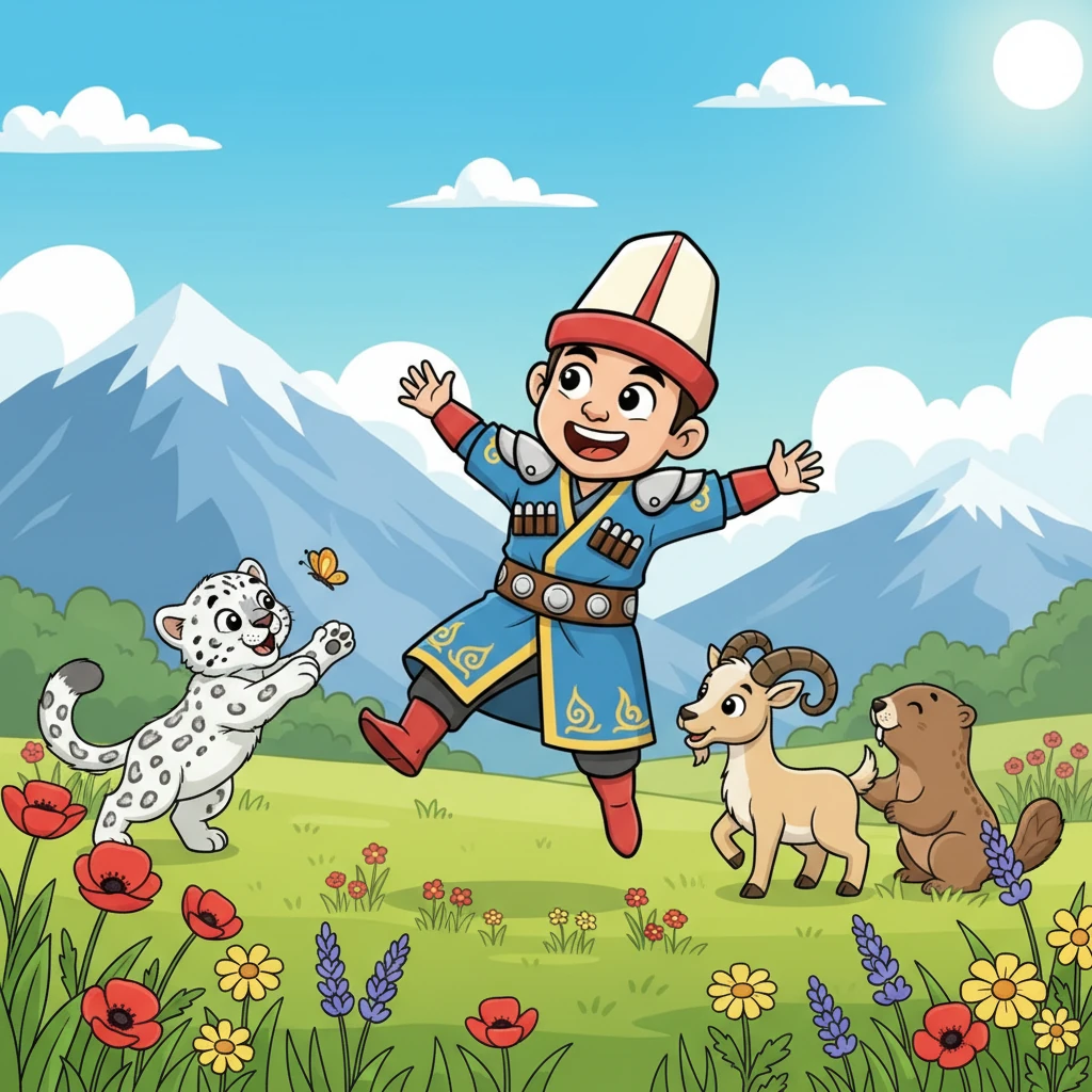 Жолборс аттуу шайыр бала Кыргызстандын бийик тоолорунда жаныбар достору менен ойноп жүрөт. Күн жаркырап, жашыл шалбаалар гүлдөргө толгон. Ал кубанычтуу жылмайып, тоолордун кооздугуна суктанат.