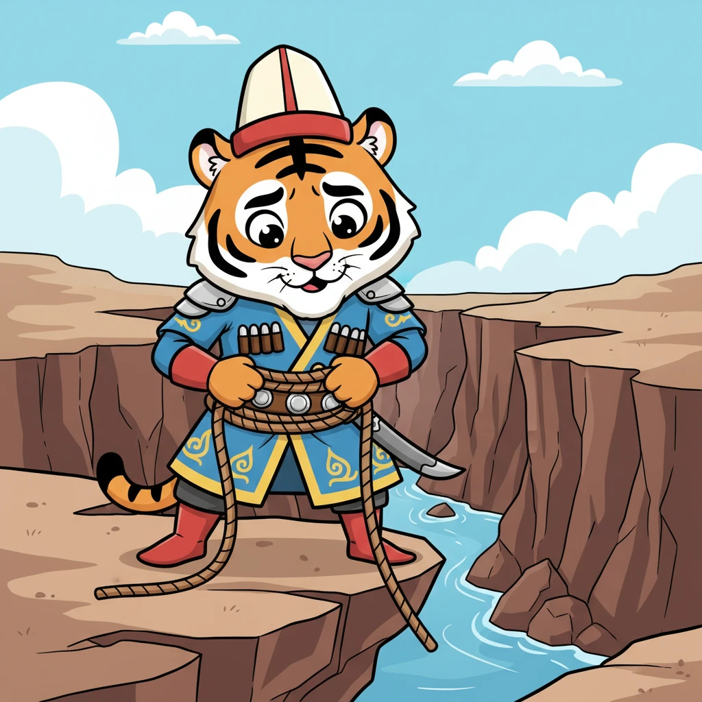 Жолборс козуну куткаруу үчүн тез эле план түзөт. Ал ар дайым жанында алып жүргөн бекем арканын чечет. Анын көздөрүндө чечкиндүүлүк жана боорукердик бар.