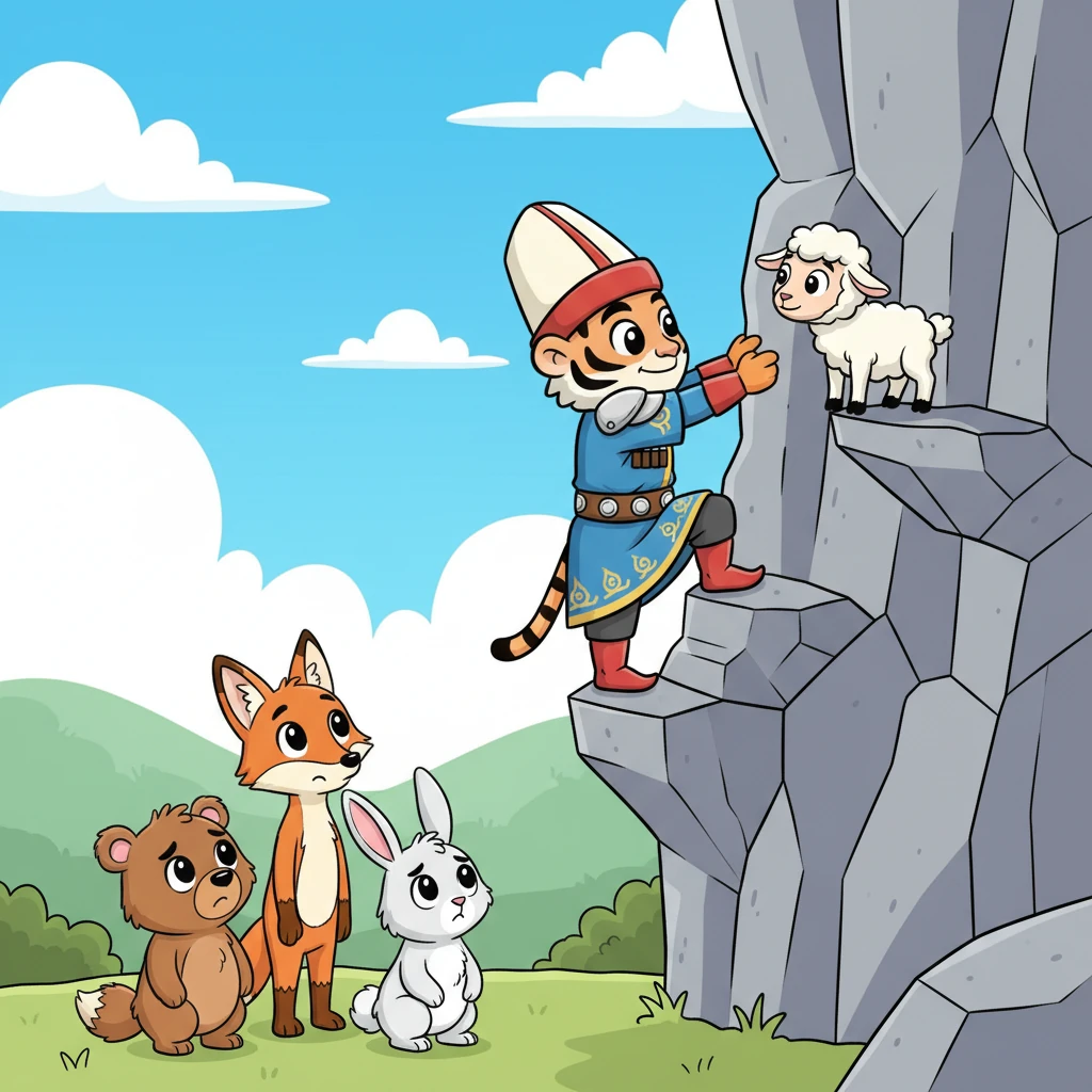 Эр жүрөк Жолборс жардын бетине чыгып, жоголгон козуга жетет. Анын жаныбар достору ылдыйдан ага тынчсыздануу менен карап, колдоп турушат. Жолборстун ар бир кадамы кылдат жана ишенимдүү.