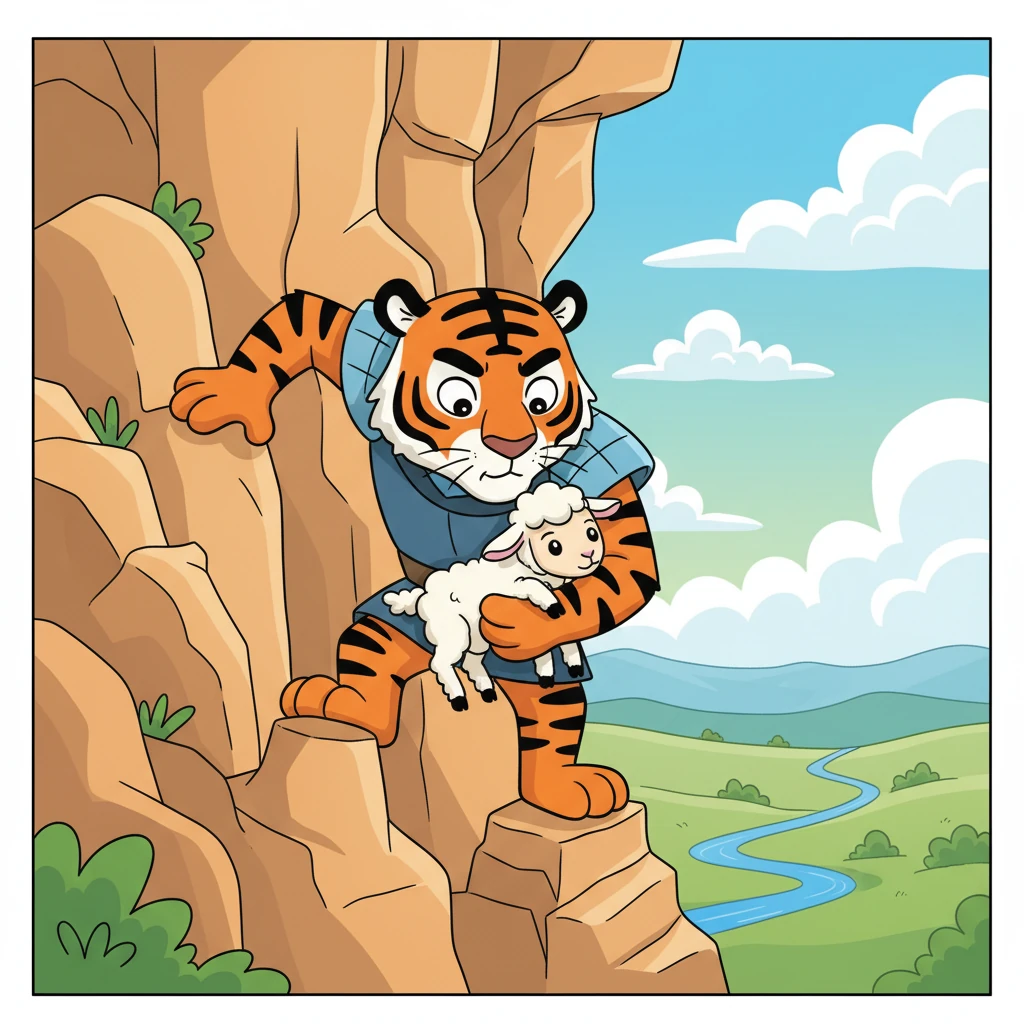 Жолборс козуну этияттык менен жардан ылдый түшүрүп, ар бир кадамын кылдаттык менен басат. Ал козуну коопсуз жерге жеткирүү үчүн бардык күчүн жумшайт. Бул оор, бирок ал эч качан багынбайт.