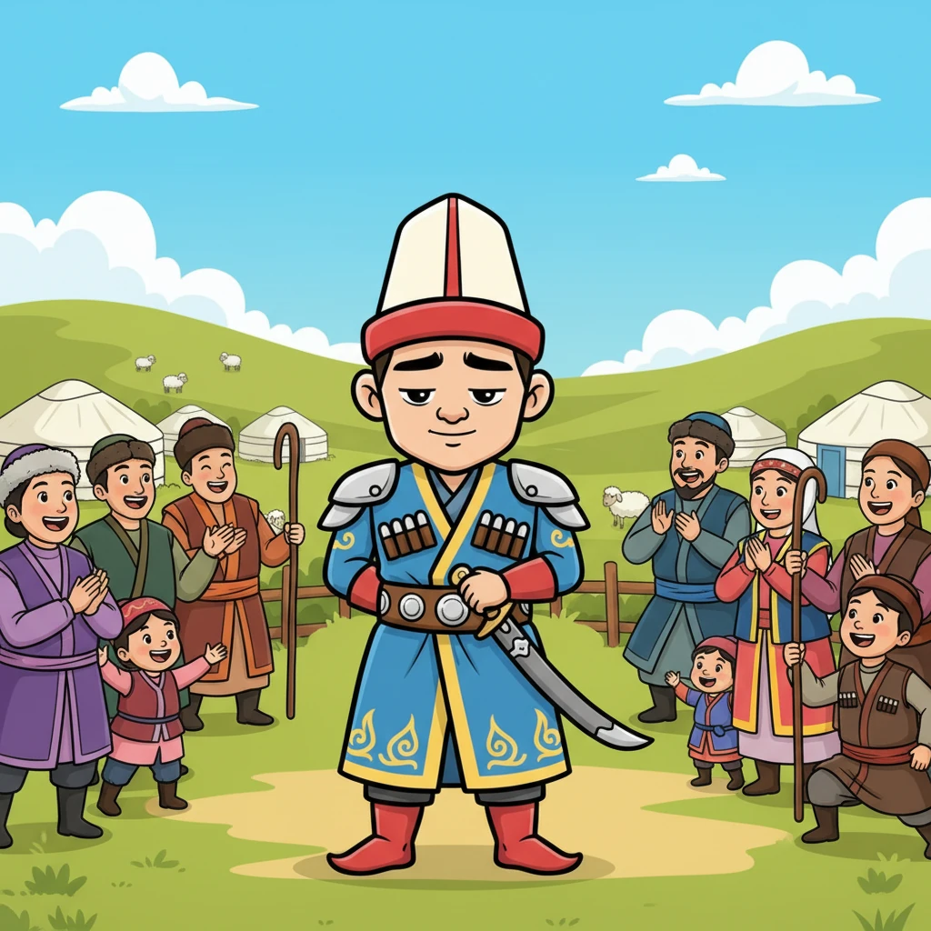 Жолборс айылына кайтып келгенде, койчулар жана айыл тургундары аны баатыр катары тосуп алышат. Алар анын эр жүрөктүгүн мактап, ага ыраазычылык билдиришет. Жолборс уяң жылмайып, башын ийкейт.