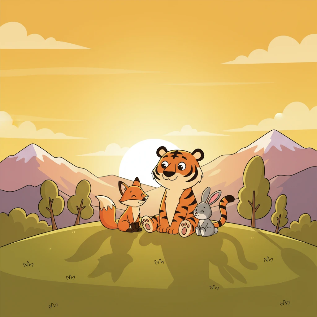 Күн батып, тоолордун үстүнө алтын түс чачып турат. Жолборс жаныбар достору менен дөңсөөдө отуруп, тынчтыкты жана сулуулукту сезет. Ал бүгүн жакшы иш кылганын билип, бактылуу.