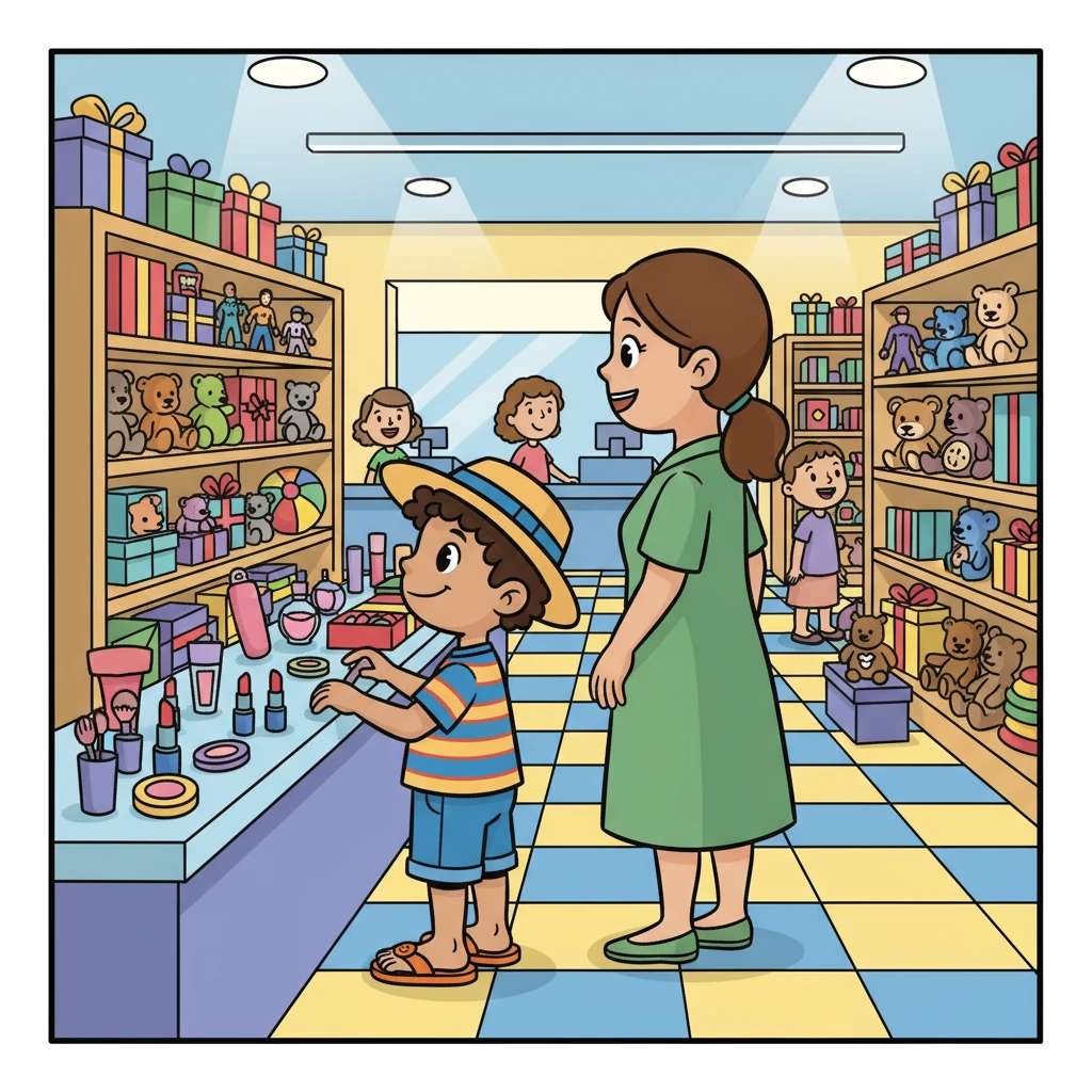 Peter and his Mum strolled through the bustling department store, the bright lights and colorful displays captivating them. Mum was looking at cosmetics, while Peter's eyes were scanning the shelves, dreaming of gifts for his friends. Excitement bubbled within him as he imagined their happy faces.
