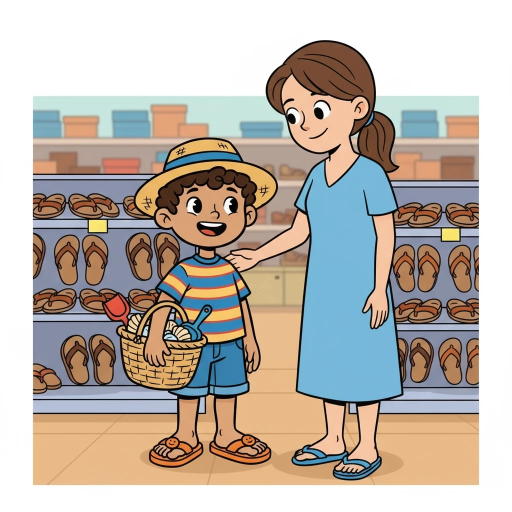 "What do you want to buy, Peter?" Mum asked with a smile. Peter, his eyes sparkling with enthusiasm, replied, "I want to buy twelve pairs of brown sandals for my classmates! We can wear them to the beach this summer!"