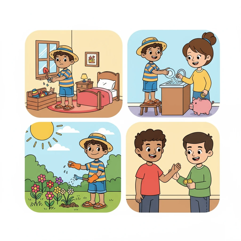 Peter worked diligently, helping with all the chores around the house. He tidied rooms, helped in the garden, and even assisted with his Mum and Dad's tasks. His parents, seeing his dedication, gave him money for his hard work.