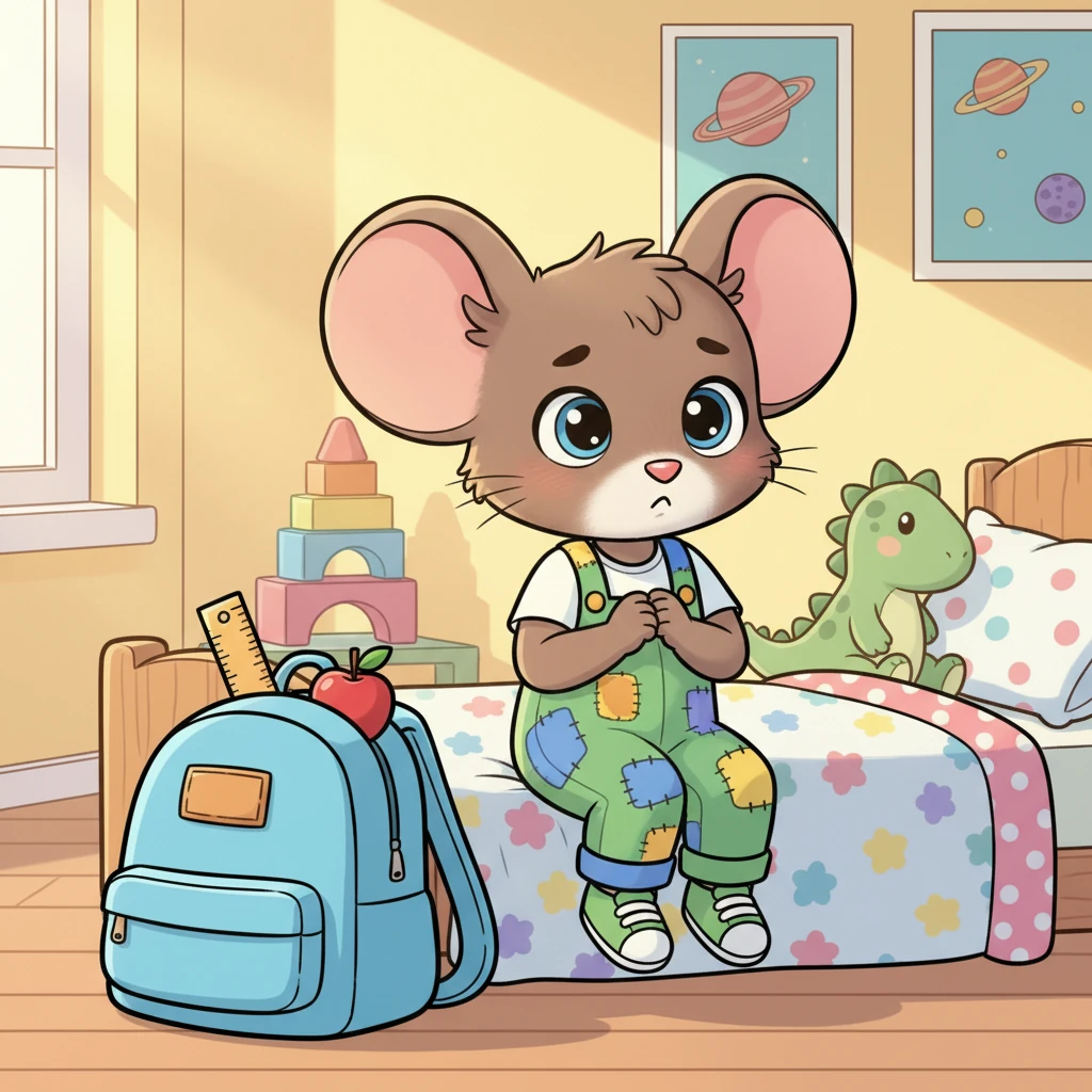 C'est le matin de la rentrée des classes, et Lila la petite souris a de petits papillons dans le ventre. Elle est un peu nerveuse, mais aussi très curieuse de découvrir ce qui l'attend. Lila, une petite souris adorable aux grandes oreilles rondes et un petit nez rose, est assise sur le bord de son lit douillet, les pattes jointes. Elle porte une petite salopette colorée. Ses yeux sont grands et brillants, mélangeant appréhension et excitation. Sa chambre est pleine de jouets aux couleurs vives et d'un petit sac à dos neuf posé par terre.