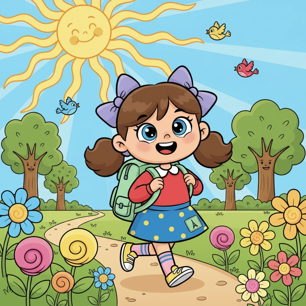 Avec son sac à dos bien rempli, Lila suit le chemin de l'école. Chaque pas la rapproche d'une nouvelle aventure. Lila marche joyeusement sur un chemin de terre bordé de fleurs géantes et d'arbres souriants. Le soleil brille avec des rayons exagérés. Son sac à dos est un peu grand pour elle, et elle le porte avec détermination, un léger sourire sur son visage expressif. Des oiseaux colorés volent autour d'elle.