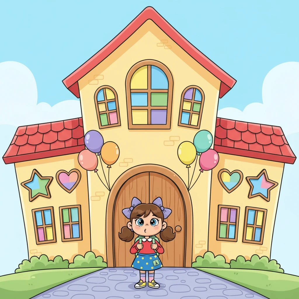 Devant elle se dresse la grande école, avec ses fenêtres colorées et sa porte accueillante. Elle prend une grande inspiration. L'école est représentée comme un bâtiment joyeux et amical, avec un toit rouge vif, des murs jaunes pastel et des fenêtres en forme d'étoiles et de cœurs. La grande porte d'entrée est ouverte, invitant les enfants à entrer. Lila est devant, semblant petite face à l'école, mais son expression montre de la détermination. Des ballons flottent à l'entrée.