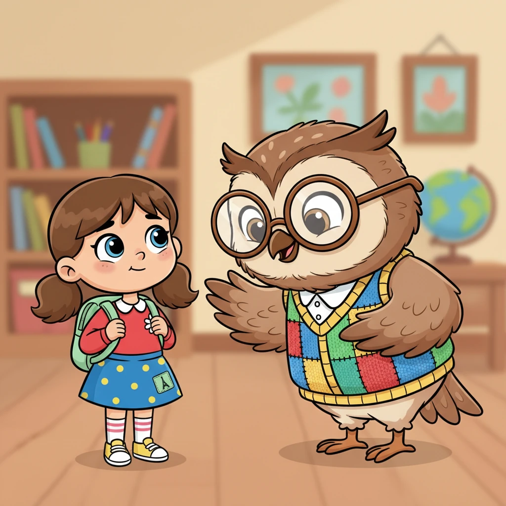 À l'intérieur, une gentille chouette nommée Madame Hibou l'accueille avec un grand sourire. Sa voix est douce et chaleureuse. Madame Hibou, une chouette aux lunettes rondes et à l'air très doux, est penchée pour saluer Lila. Elle porte un gilet en tricot coloré. Lila la regarde avec des yeux un peu timides mais curieux. L'arrière-plan est flou pour mettre l'accent sur les deux personnages, avec des couleurs pastel.