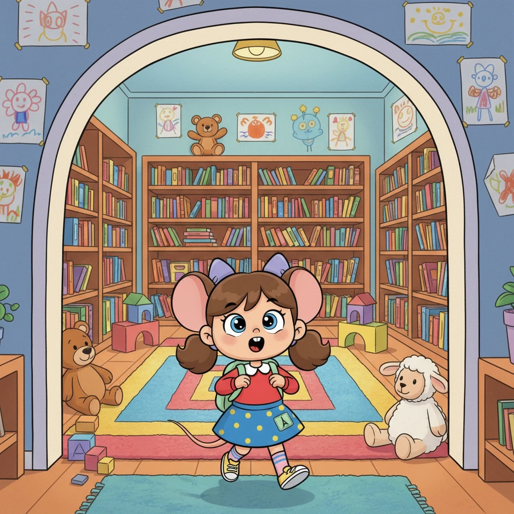 Le couloir mène à une salle de classe remplie de couleurs, de livres et de jeux. C'est un endroit magique ! La salle de classe est un tourbillon de couleurs vives : murs décorés de dessins d'enfants, étagères débordantes de livres illustrés, tapis doux et colorés. Des blocs de construction géants et des peluches souriantes sont visibles. Lila entre, les yeux écarquillés d'émerveillement, ses pattes légèrement levées comme si elle était sur le point d'explorer.