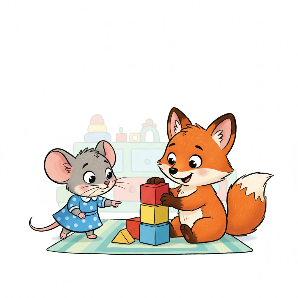 Lila aperçoit un autre petit animal, un renardeau nommé Rony, qui joue avec des cubes. Elle s'approche timidement. Rony le renardeau, avec un pelage roux vif et une queue touffue, est assis sur le tapis de jeu, concentré sur la construction d'une tour de cubes aux couleurs primaires. Il a une expression joyeuse et concentrée. Lila s'approche de lui, sa patte pointant vers les cubes, un petit sourire d'invitation sur son visage.