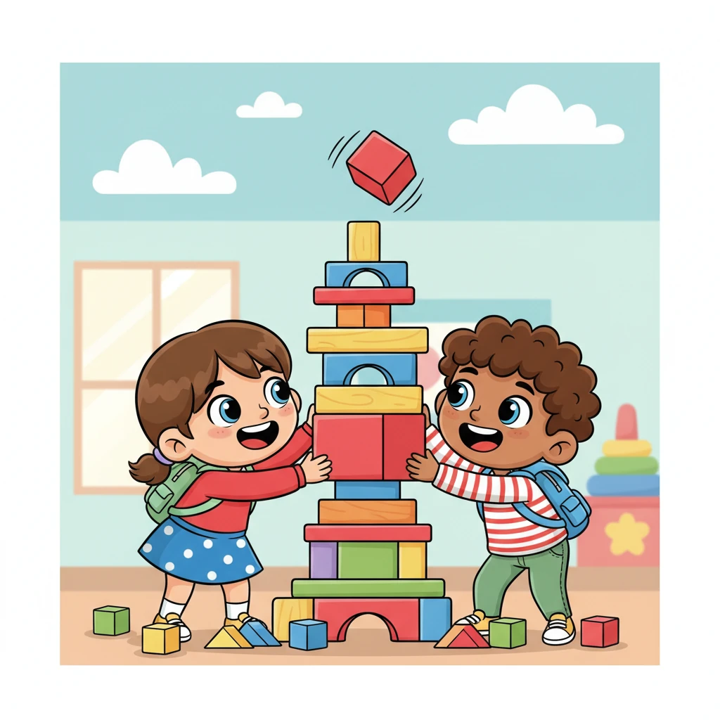 Bientôt, Lila et Rony construisent ensemble la plus haute des tours. C'est tellement amusant de partager ! Lila et Rony sont côte à côte, leurs petits corps penchés avec enthousiasme. Ils travaillent ensemble sur une tour de cubes qui atteint presque le plafond, leurs expressions pleines de joie et de collaboration. Des cubes volent légèrement dans les airs, ajoutant au dynamisme et au jeu.