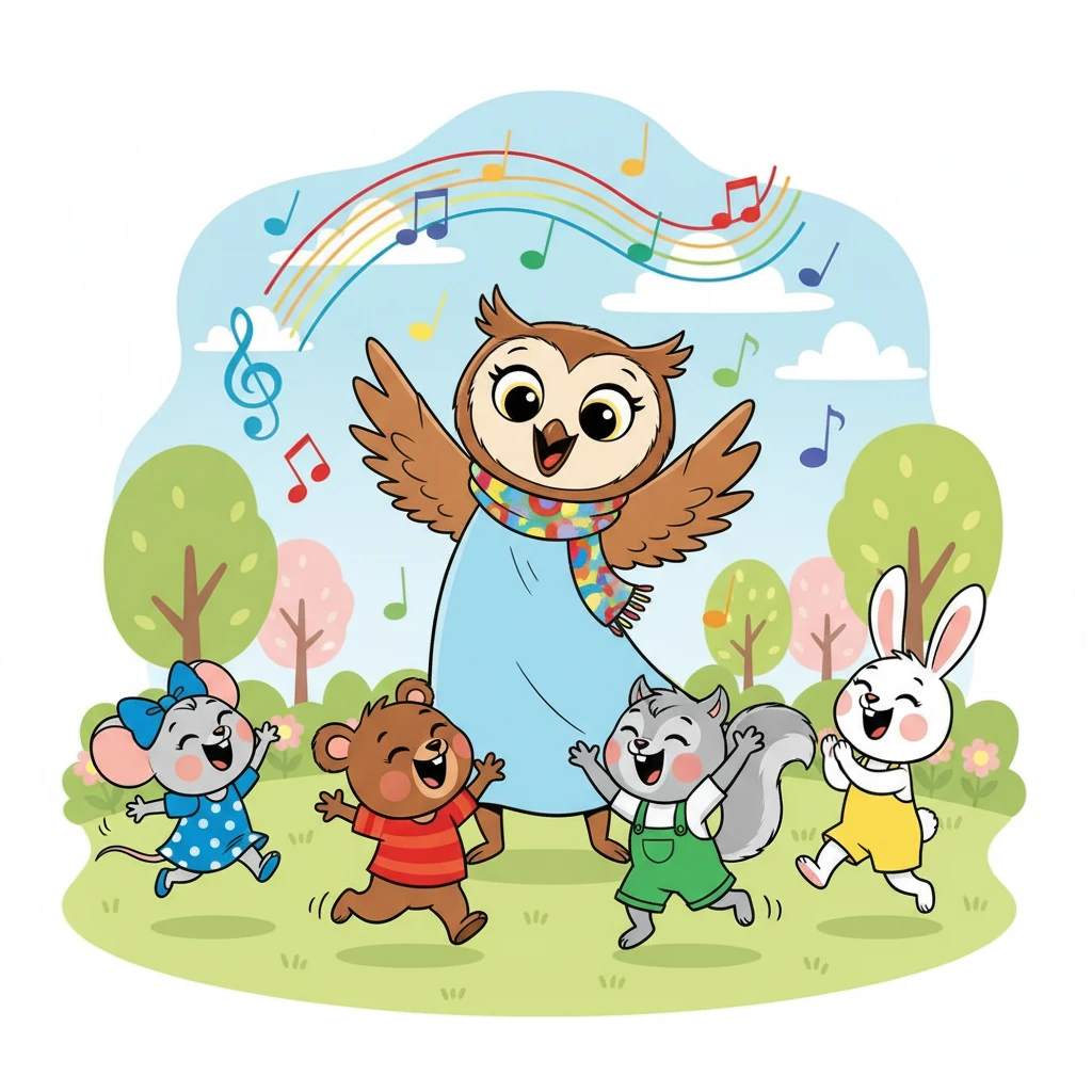 Madame Hibou propose une chanson entraînante sur les couleurs. Tous les enfants chantent et dansent ! Madame Hibou est au centre, gesticulant joyeusement avec ses ailes, dirigeant un groupe d'enfants animaux divers (lapin, ours, écureuil, souris) qui chantent et dansent en cercle. Leurs visages sont remplis de rires et de bonheur, leurs mouvements sont exagérés et pleins d'énergie. Des notes de musique colorées flottent dans l'air.