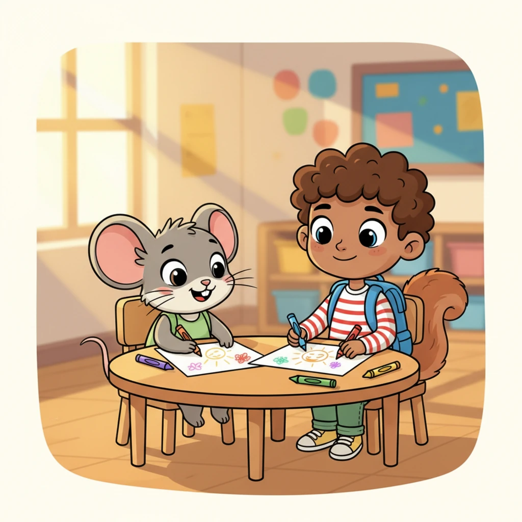 La journée passe vite, remplie de découvertes et de nouveaux amis. Lila se sent bien, confiante et heureuse. Lila est assise à une petite table ronde avec Rony et un autre ami (un petit écureuil). Ils dessinent ensemble avec des crayons de couleur sur de grandes feuilles de papier. Leurs dessins sont simples et joyeux. Lila a un sourire radieux, son petit cœur rempli de satisfaction. La lumière chaude du soleil entre par une fenêtre.