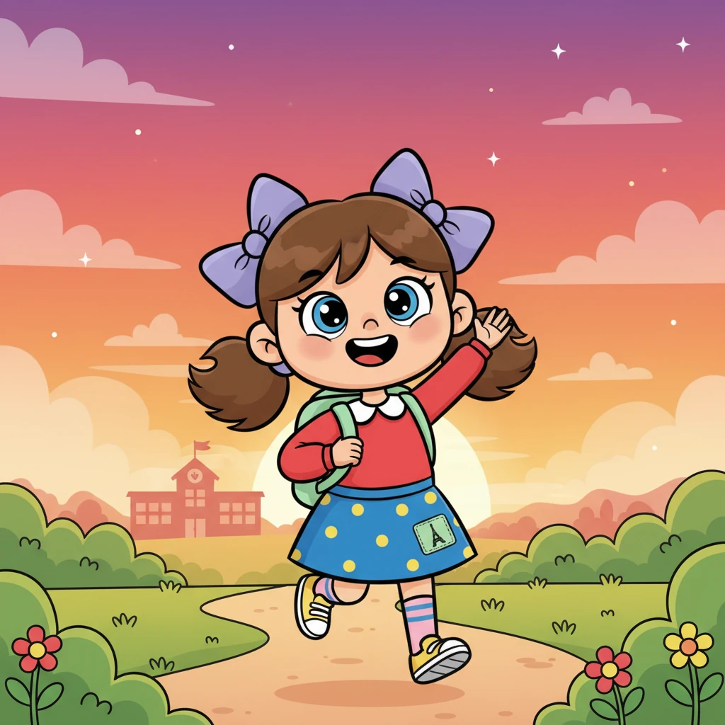 Le soir, Lila rentre chez elle, le cœur léger et la tête pleine de souvenirs. Elle a hâte de revenir demain ! Lila est de nouveau sur le chemin de l'école, mais cette fois, elle court et saute avec un grand sourire. Le soleil se couche, peignant le ciel de teintes orange et violettes. Son sac à dos semble plus léger et elle agite une patte en signe d'adieu à l'école au loin. Des étoiles commencent à scintiller dans le ciel.