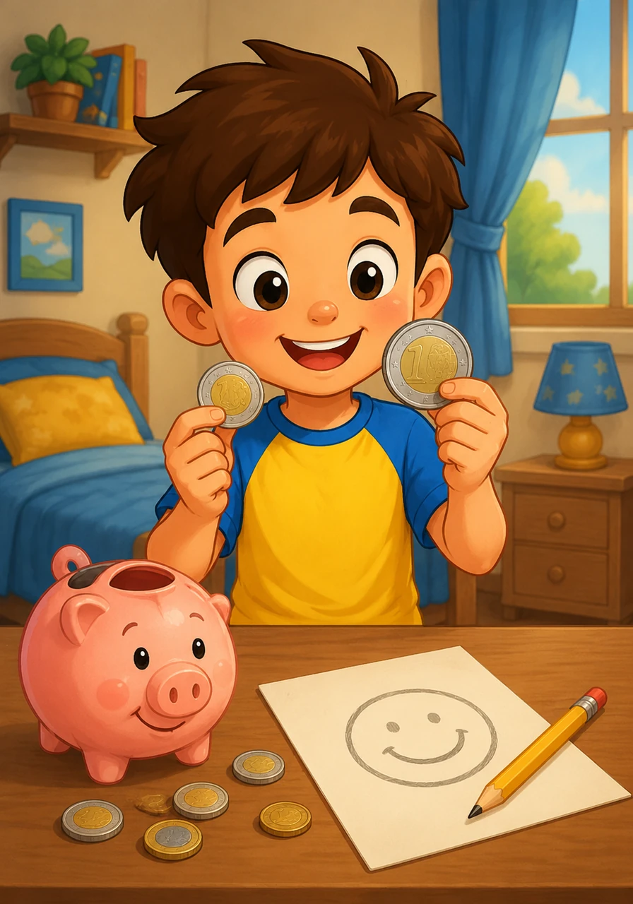 Leo apre il suo salvadanaio e trova una moneta dorata e argentata da 1 euro e una da 2 euro. Osserva attentamente i disegni sulle due facce e impara a distinguerle per dimensione e colore. In fondo alla pagina, Leo segna con una matita lo smile felice perché ora riconosce perfettamente le sue monete.