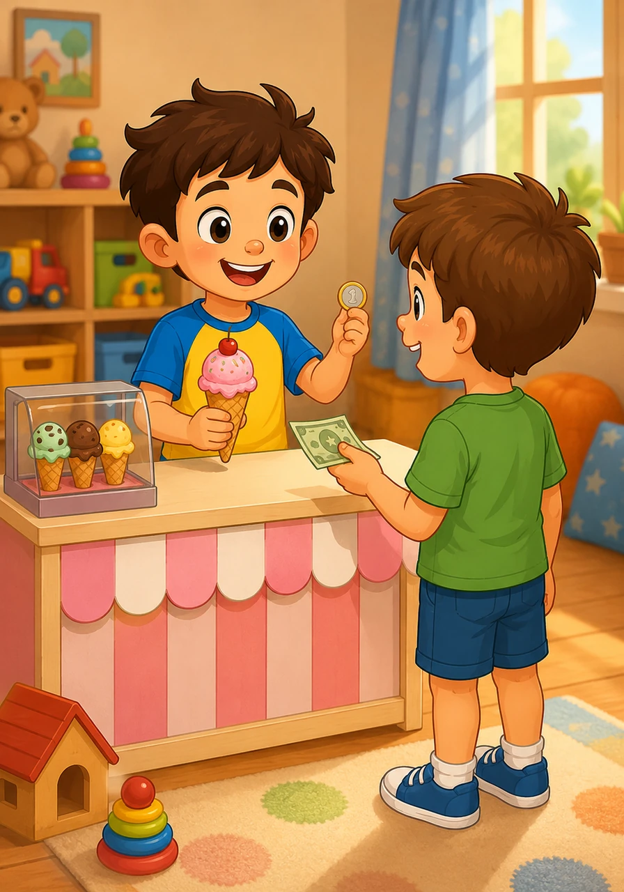 Oggi Leo gioca a fare il gelataio e deve preparare un cono che costa 4 euro per un amico. Riceve una banconota da 5 euro e deve capire quante monete da 1 euro dare come resto. È un esercizio importante per imparare a sottrarre, e Leo si sente molto orgoglioso del suo risultato.