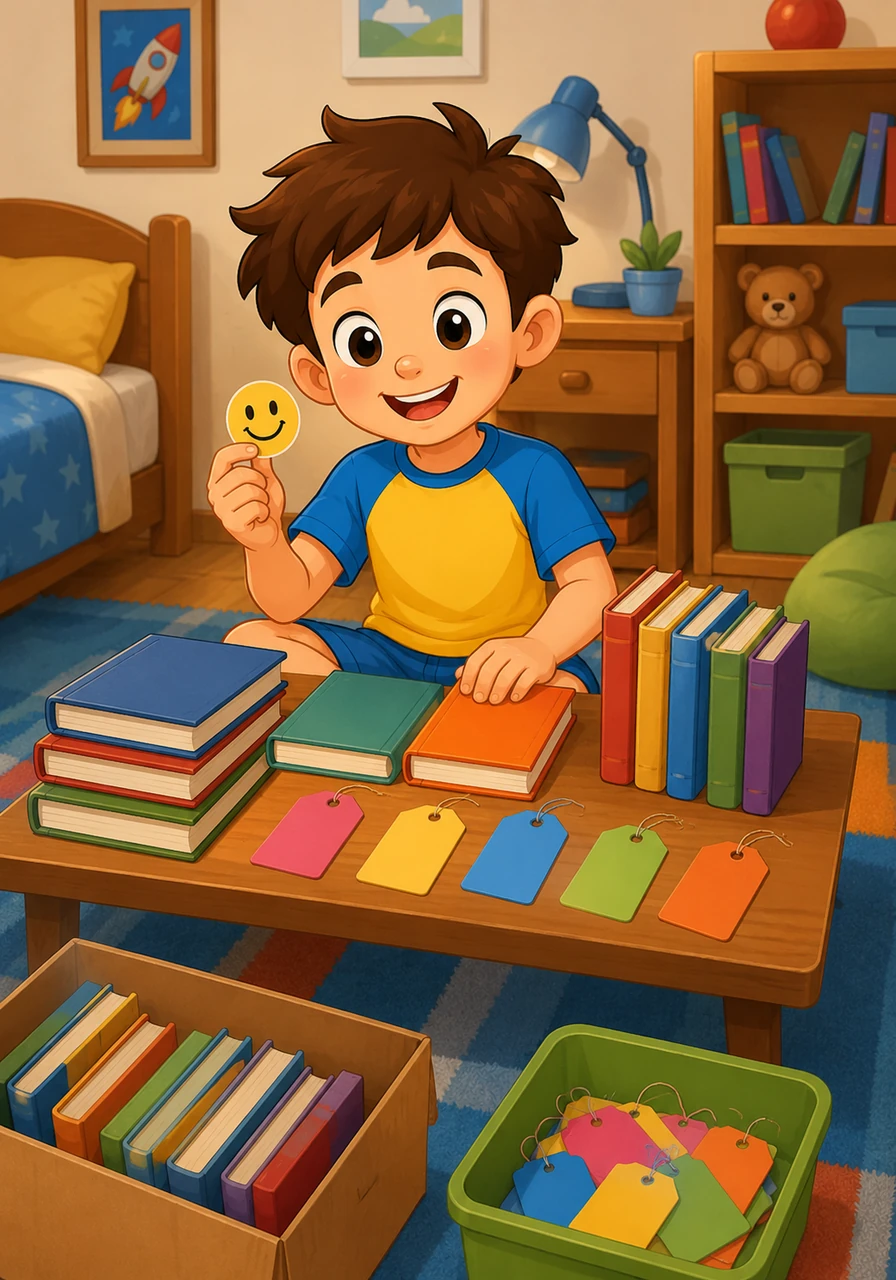 Nella sua cameretta, Leo organizza un piccolo mercatino dell'usato mettendo in vendita i suoi libri preferiti. Decide che un libro costa 6 euro e un altro 12 euro, scrivendo i prezzi su dei cartellini colorati. Valuta la sua precisione nel creare il listino prezzi scegliendo lo smile più allegro.