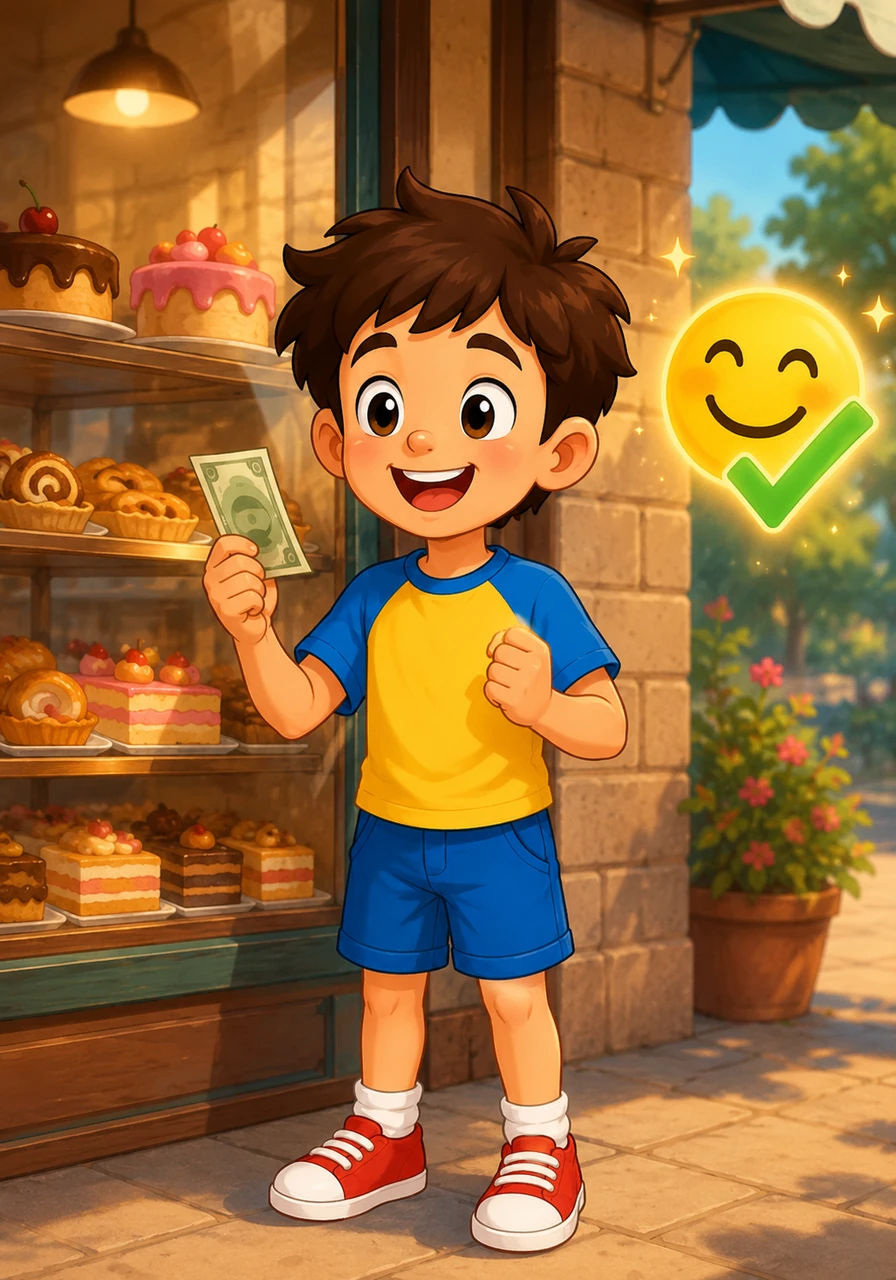 Davanti a una vetrina di dolci, Leo ha in mano una banconota da 20 euro e vuole comprare una torta da 15 euro. Calcola mentalmente che riceverà una banconota da 5 euro di resto e sorride per la sua velocità nel fare i conti. Segna con una crocetta lo smile super felice per questo successo.