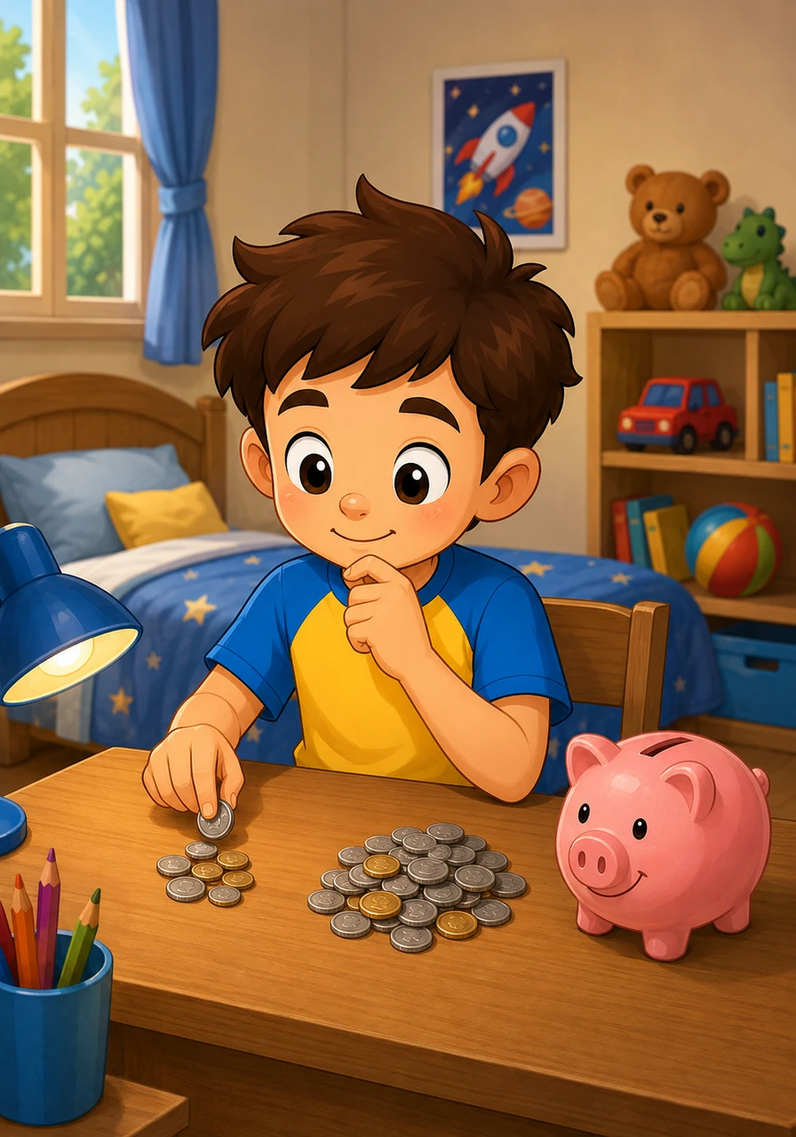 Leo impara che risparmiare è importante e decide di mettere alcune monete da parte per un desiderio futuro. Divide il suo denaro in due piccoli mucchietti: uno per le piccole spese e uno da custodire nel salvadanaio. Valuta la sua capacità di pianificare il futuro con uno smile d'approvazione.