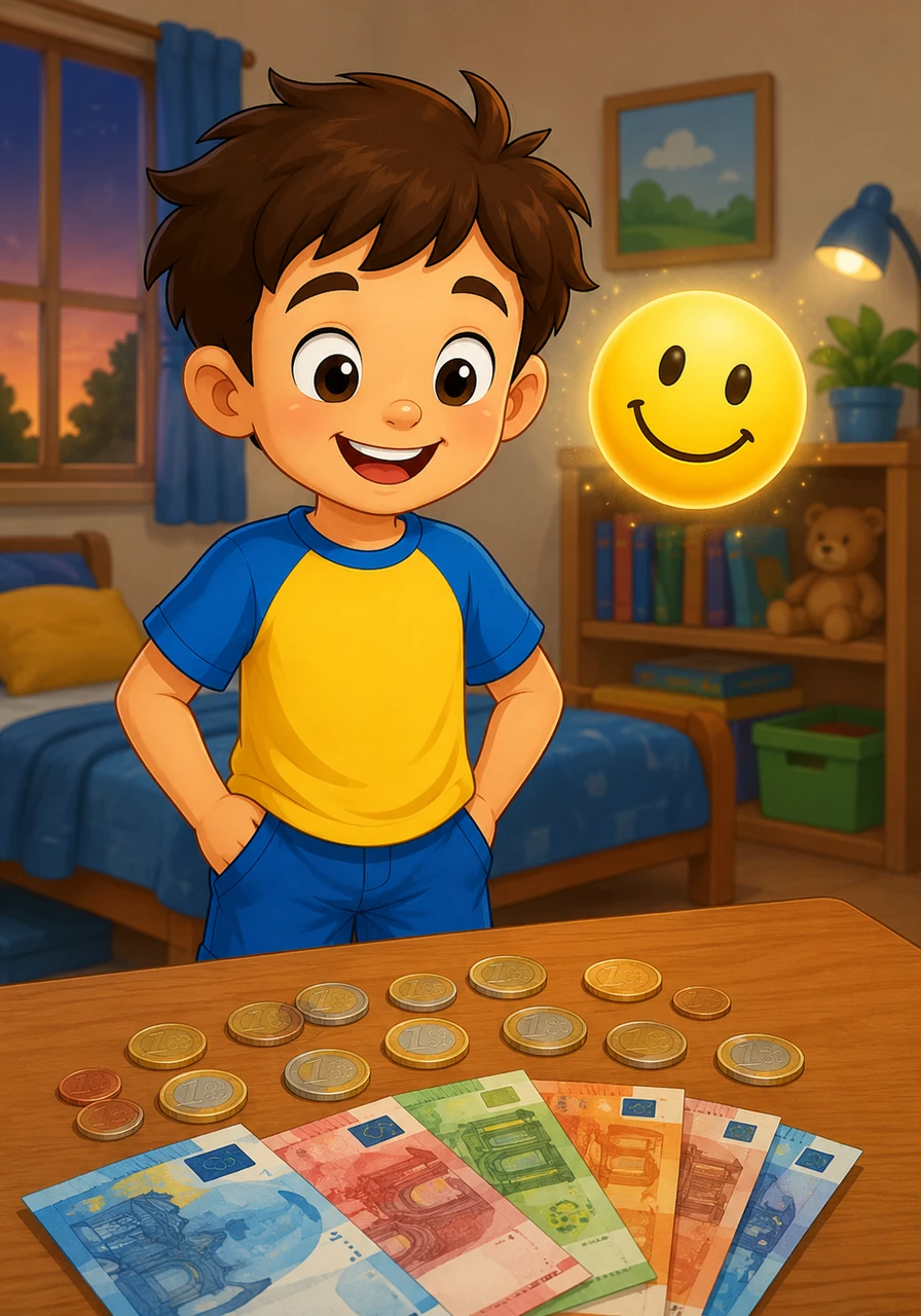 Alla fine della giornata, Leo guarda tutto quello che ha imparato sulle monete e le banconote da 1 a 20 euro. Si sente pronto per andare a fare la spesa con i suoi genitori e gestire piccoli acquisti da solo. Concludi il percorso scegliendo lo smile che rappresenta la tua gioia nell'aver imparato tante cose nuove.
