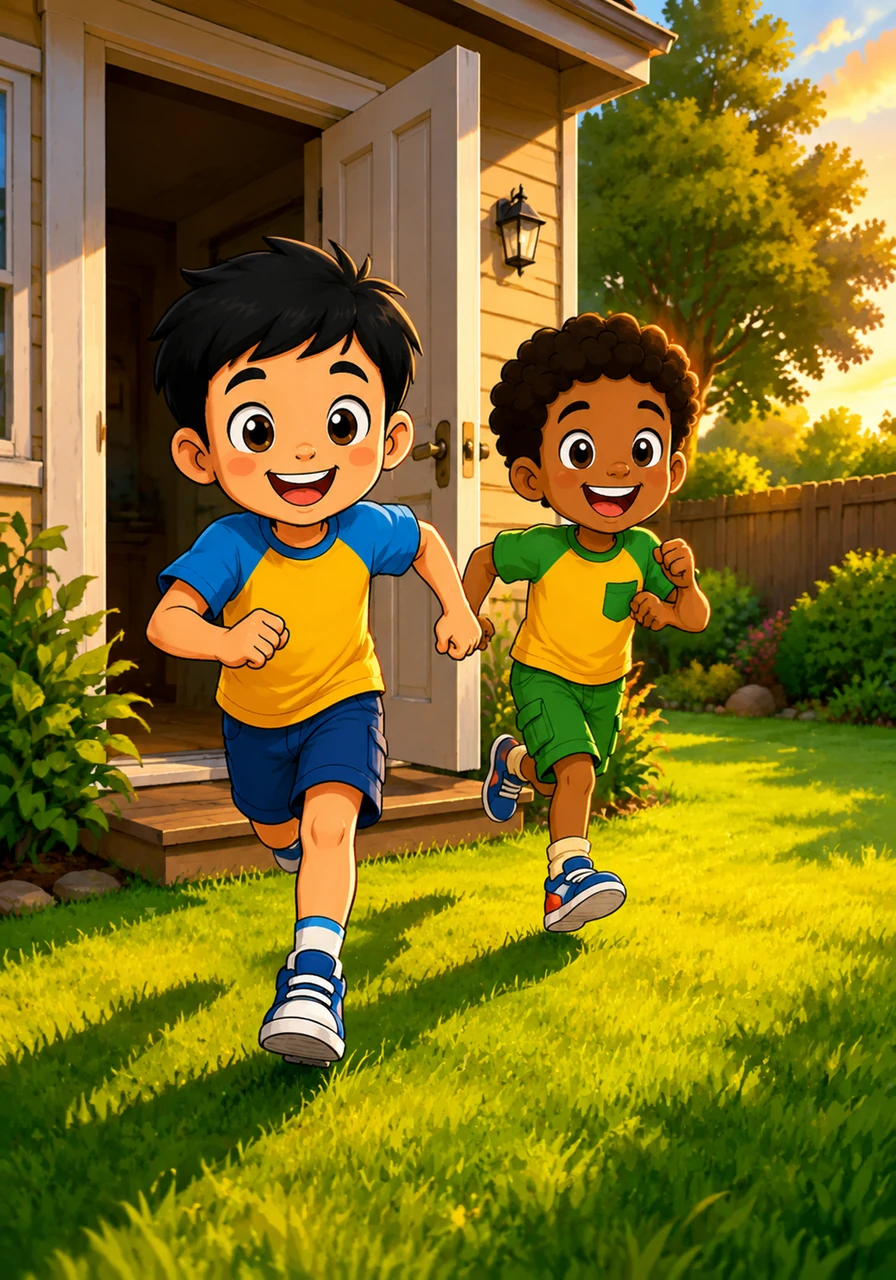 Jojo and Caleb burst through the back door, their sneakers hitting the soft green grass as the golden afternoon sun washed over them. The backyard stretched out before them like a vast, uncharted continent waiting to be explored.