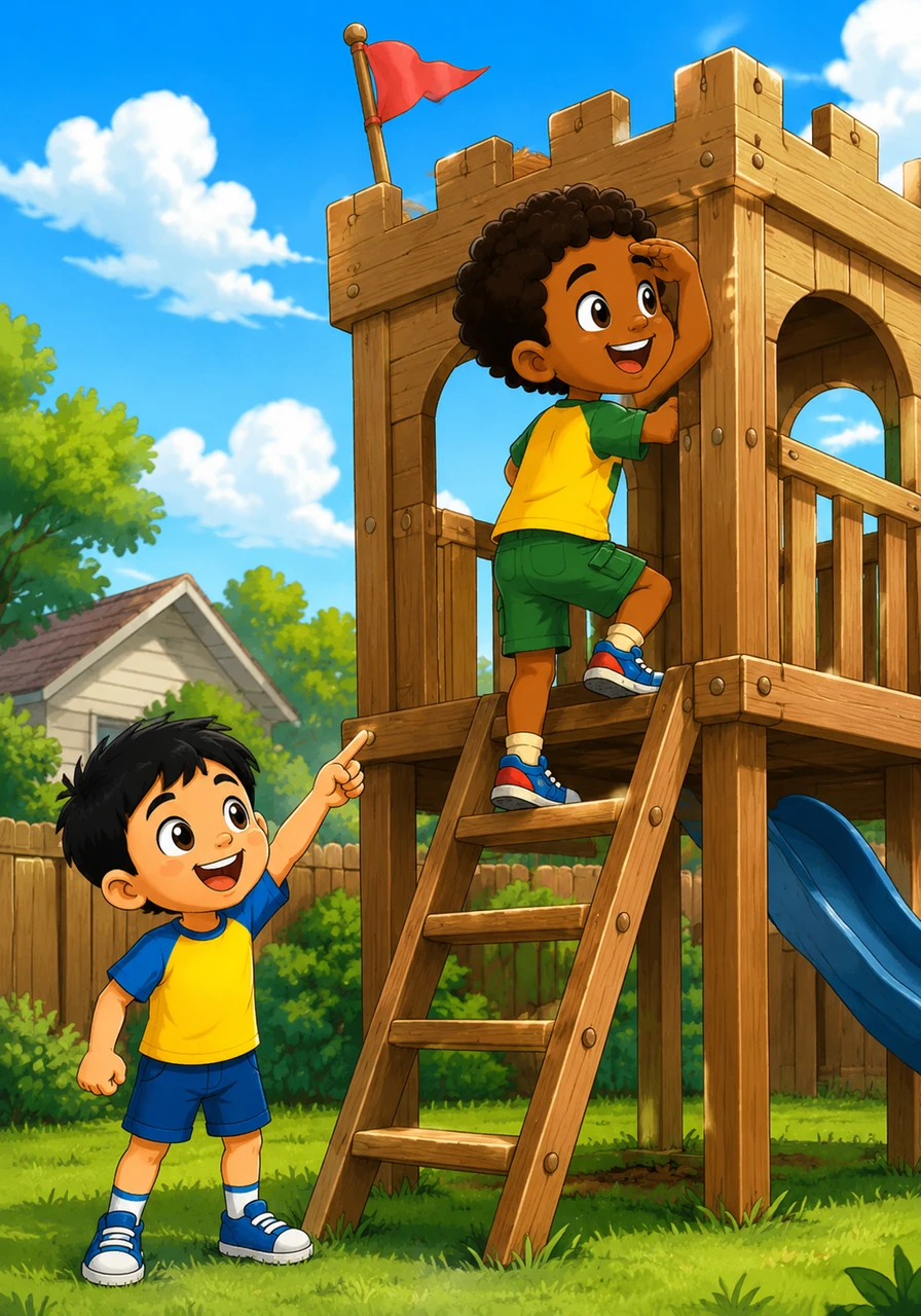 With a joyful shout, Caleb pointed toward the wooden playset, which had magically transformed into a grand medieval fortress in their minds. Jojo scrambled up the ladder first, acting as the lookout for any friendly dragons flying by.