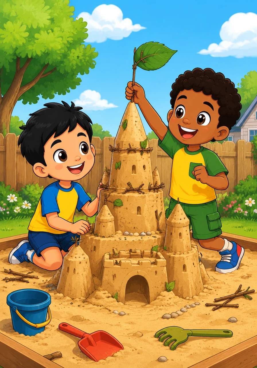 Down in the sandbox, the two cousins worked together to build a towering fortress of sand and twigs. They giggled as Caleb added a leafy flag to the highest peak, declaring it the capital of their new backyard empire.