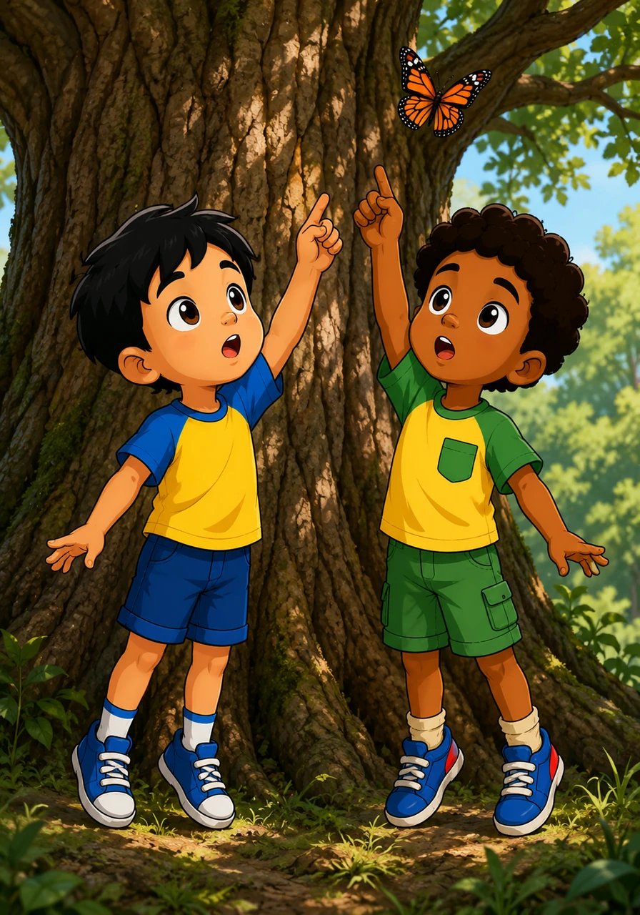 A flash of bright yellow caught Jojo's eye as a monarch butterfly fluttered past the old oak tree. Standing on tiptoe, both boys held their breath and reached out their hands, hoping the gentle creature might choose one of their fingers as a landing pad.