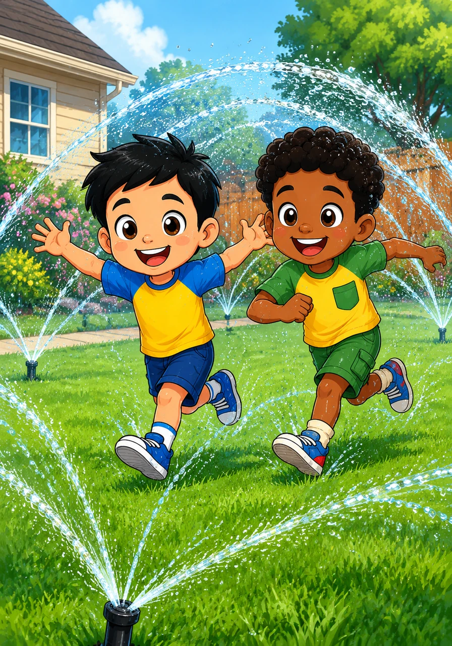 Suddenly, the automatic lawn sprinklers hissed to life, sending arches of cool, sparkling water across the lawn. Jojo and Caleb cheered, running headfirst through the refreshing mist, their laughter echoing through the neighborhood.