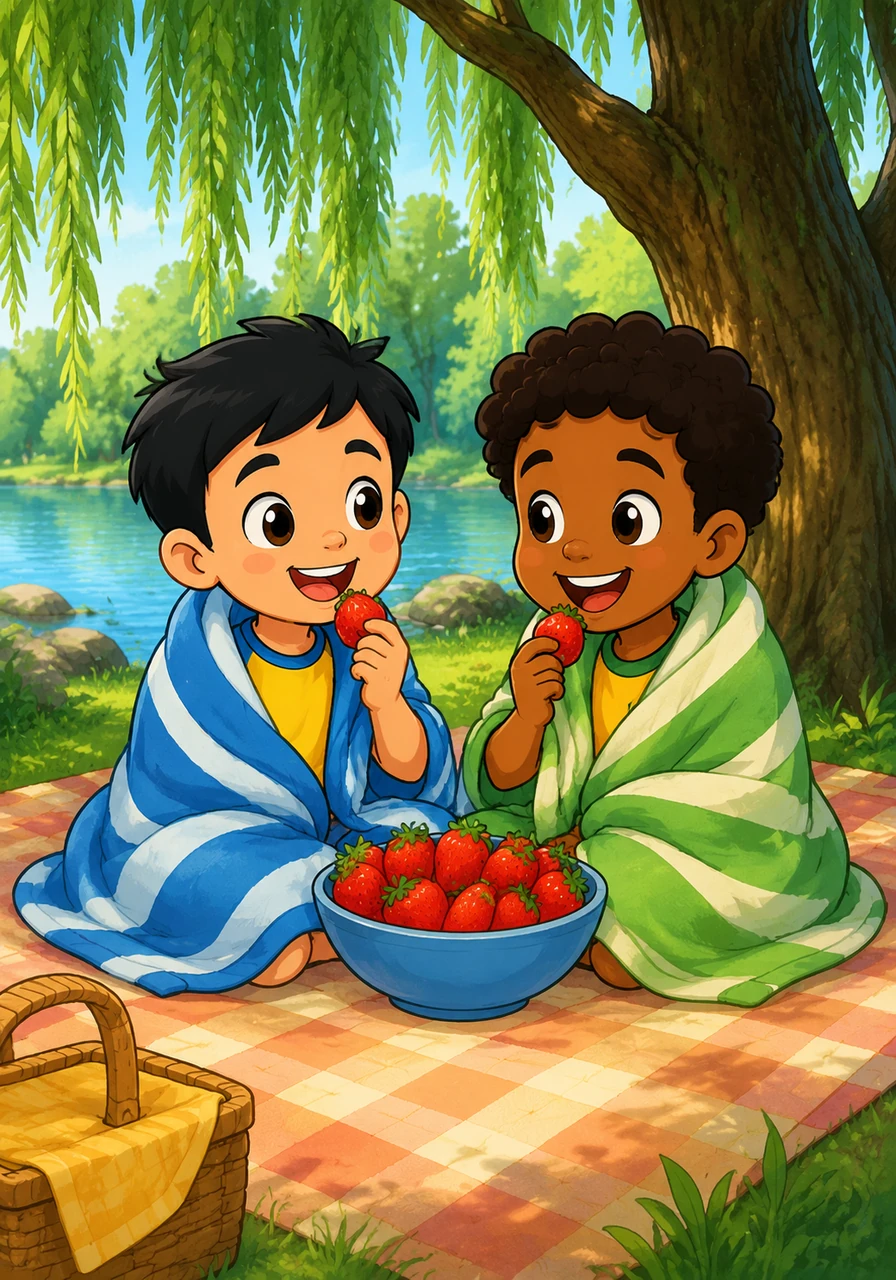 Wrapped in oversized beach towels to dry off, they collapsed onto a soft picnic blanket spread beneath the shade of the willow tree. They shared a big bowl of juicy, red strawberries, savoring the sweet taste of a perfect summer day.