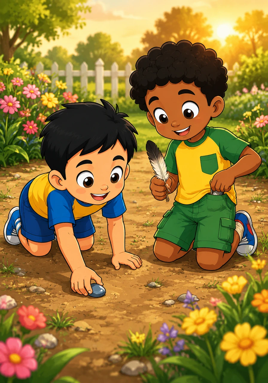 As the afternoon began to fade, they decided to hunt for hidden treasures near the flower beds. Crawling on hands and knees, they discovered a shiny round pebble and a perfectly intact bird's feather, placing them carefully into Caleb's pocket.