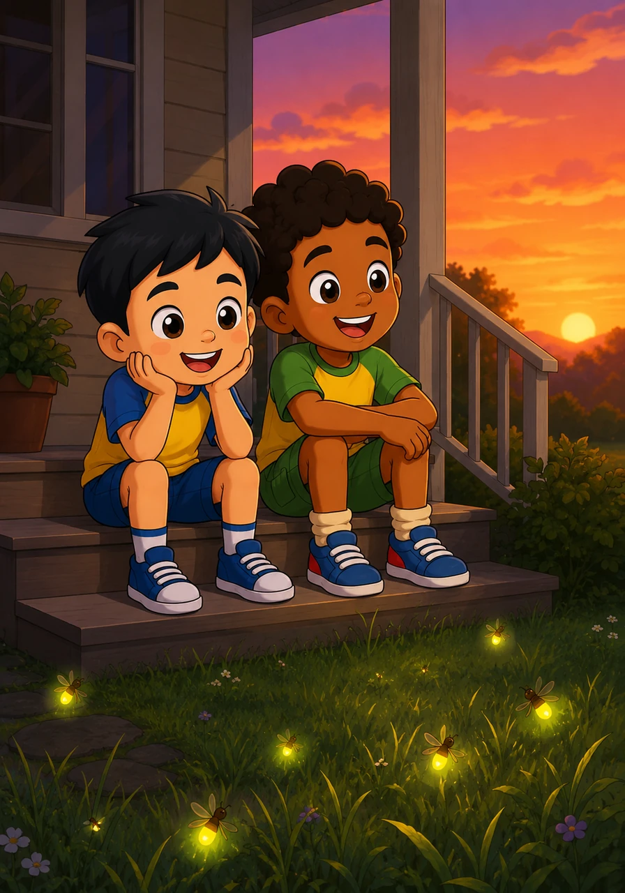 The sky turned a warm shade of orange and pink as the sun began to dip below the horizon. Tired but blissfully happy, Jojo and Caleb sat side by side on the porch steps, watching the very first fireflies blink to life in the grass.