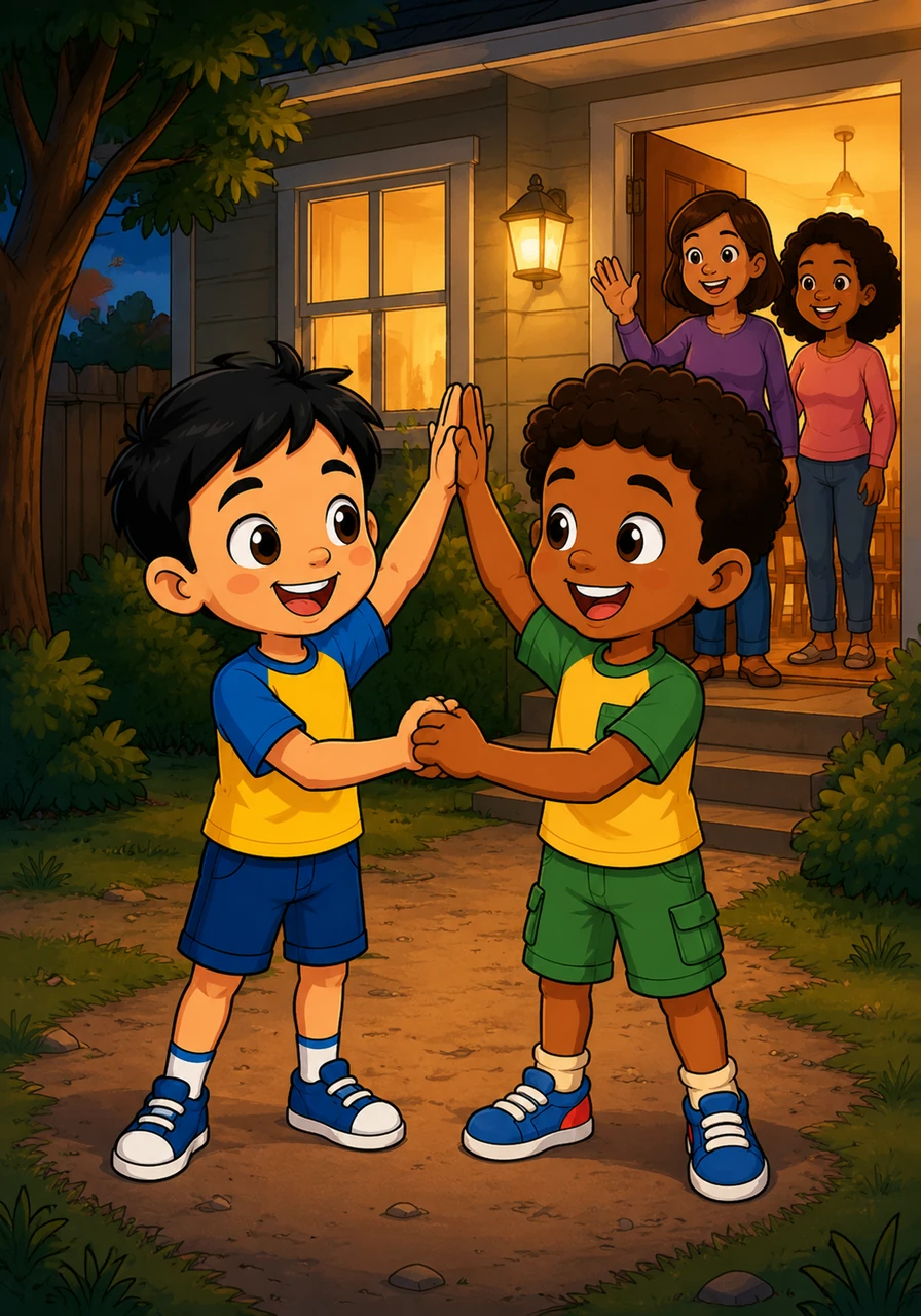 Their mothers called them inside for dinner, cutting their grand adventure short for the night. Jojo and Caleb shared a high-five and a secret handshake, knowing that tomorrow would bring a brand new story to create together.