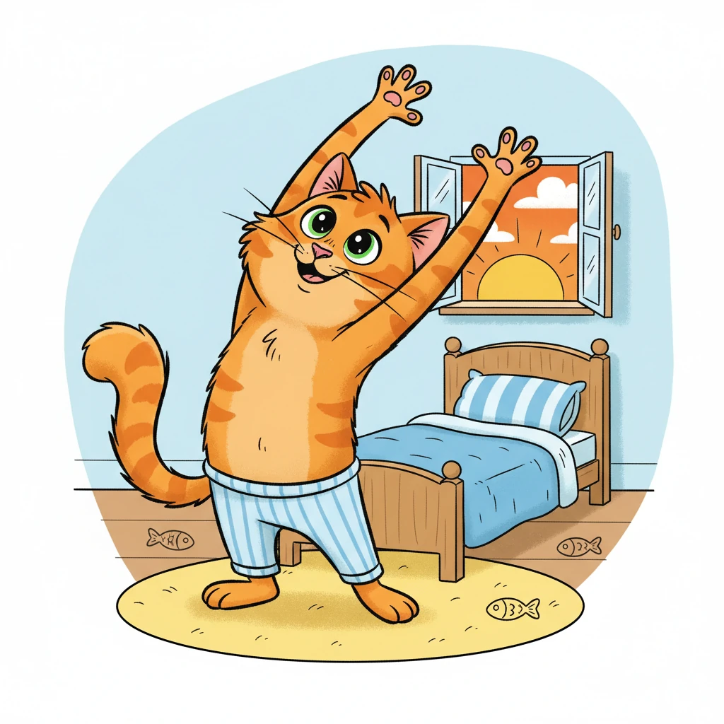 Milo, a fluffy orange cat with bright green eyes, woke up with a grand idea! Today was the day he would catch the biggest, most spectacular fish ever seen. He stretched his tiny paws, a big smile on his whiskered face.