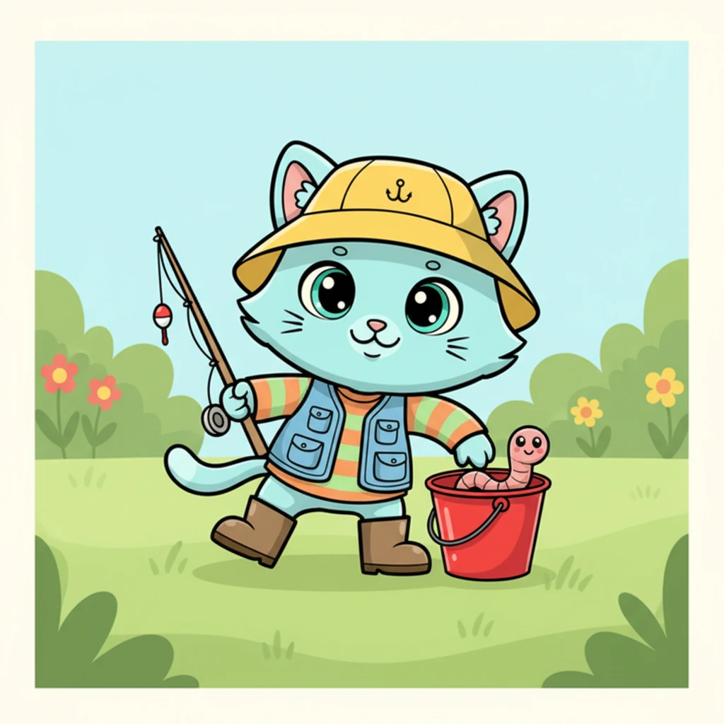 With a determined wiggle, Milo gathered his trusty fishing gear. He carefully picked up his miniature fishing rod, a shiny red bucket for his catch, and a wiggly, happy worm he'd found in the garden.