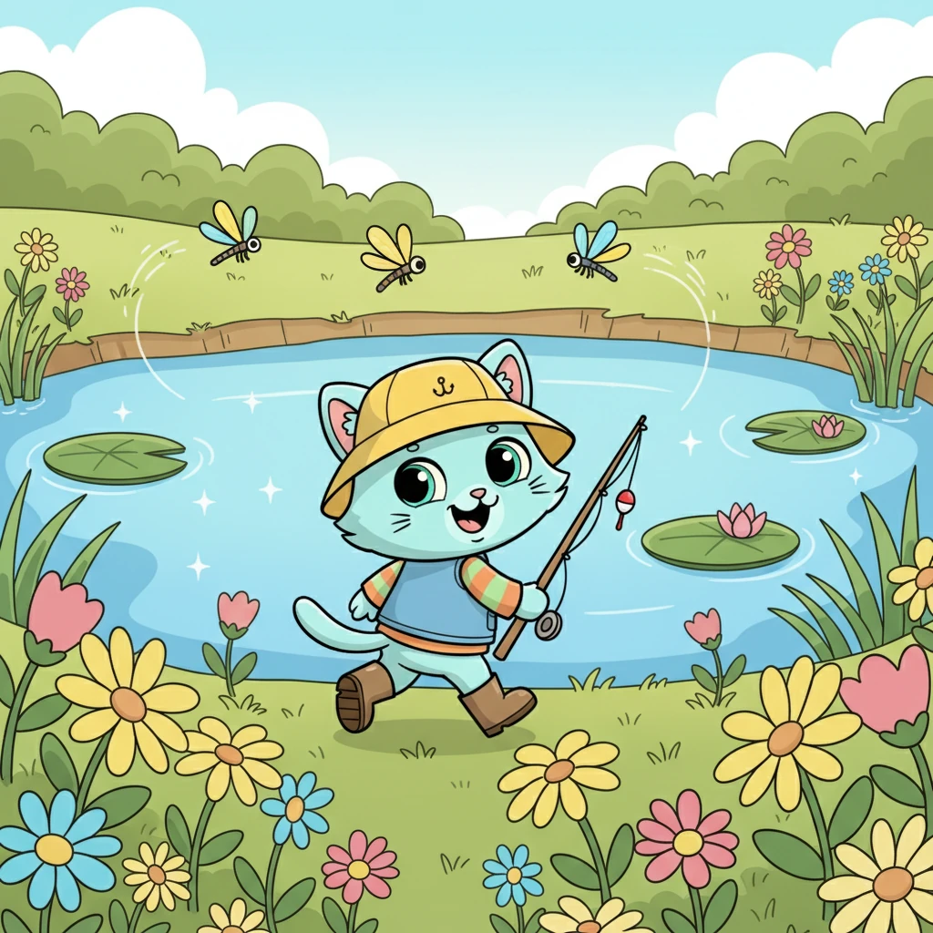 He trotted happily through a meadow filled with wildflowers until he reached a sparkling blue pond. Dragonflies zipped and bloomed, and lily pads floated like tiny green boats. It was the perfect spot for a fishing adventure.