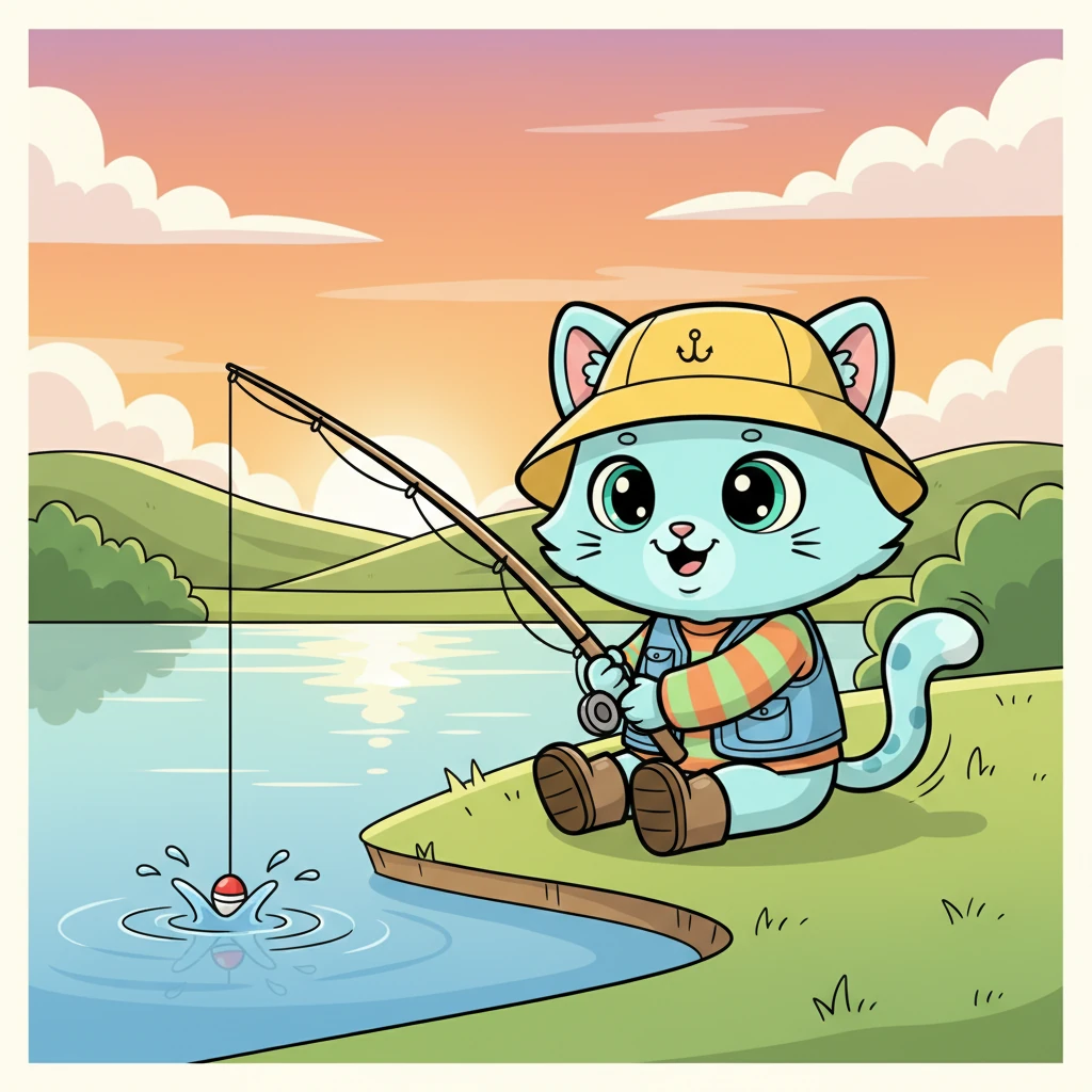 Milo cast his line with an impressive flick of his wrist. The bobber splashed gently onto the water, and he sat down, tail twitching with anticipation. His eyes were glued to the shimmering surface.