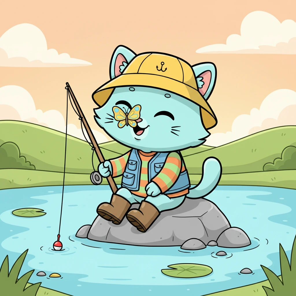 Time seemed to stretch as Milo waited patiently. A friendly butterfly fluttered by and landed right on his nose, making him giggle. Still, no fish nibbled, and Milo started to feel a little sleepy.