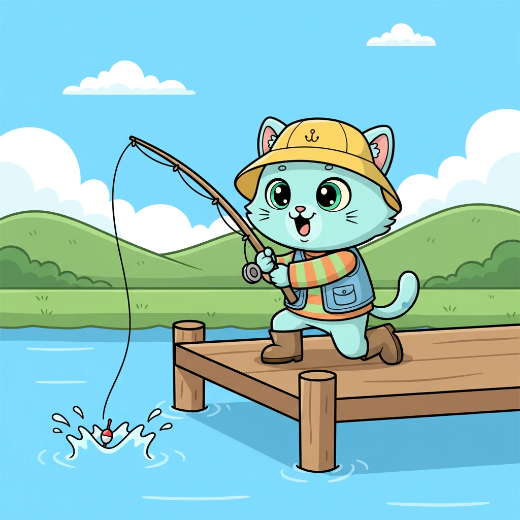 Suddenly, the bobber dipped! Milo's eyes popped open wide, and he sprang to action. He pulled with all his might, but the fish was too quick, and with a splash, it got away, leaving Milo with an empty hook.