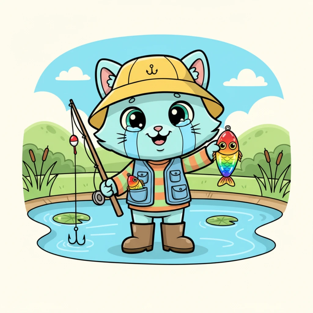 Milo pouted for just a moment, a tiny tear welling in his eye. But then, a clever idea sparked in his mind! He pulled out a shiny, colorful lure from his pocket, hoping it would attract a fish.