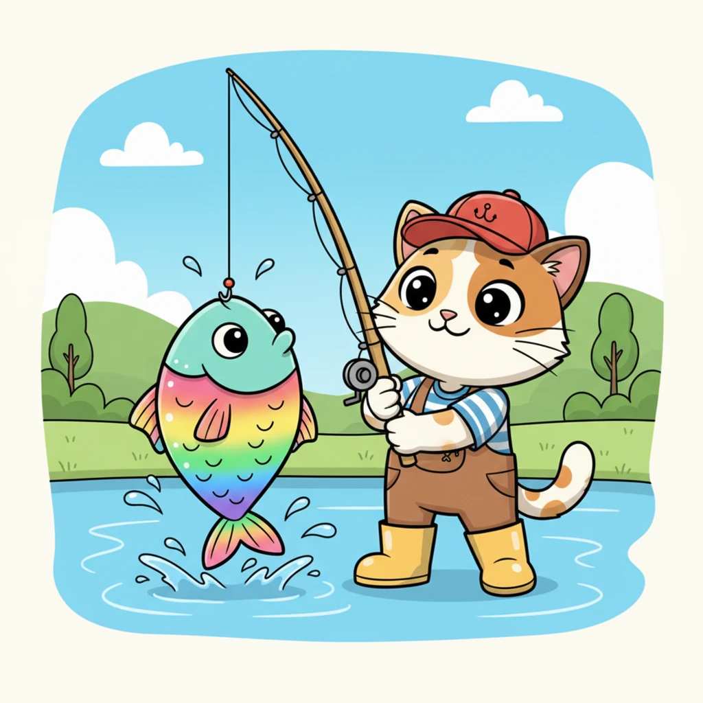 With a triumphant heave, Milo pulled a magnificent, rainbow-colored fish from the water! Its scales shimmered with every color imaginable, and its big, friendly eyes looked up at him.
